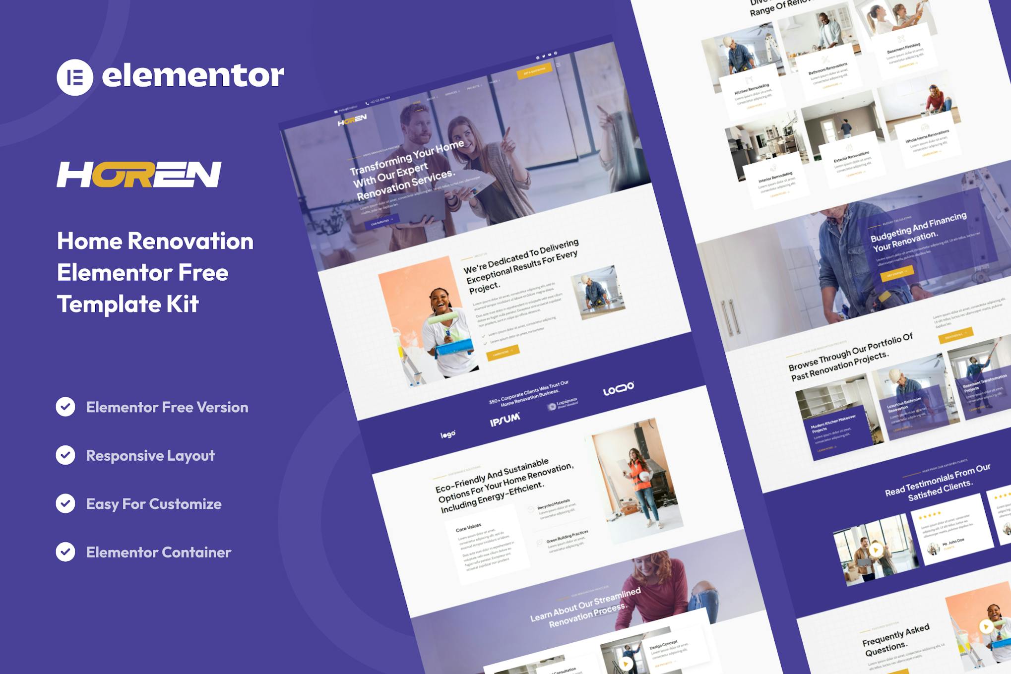 Horen - Home Renovation Services Elementor Template Kit template kit cover image