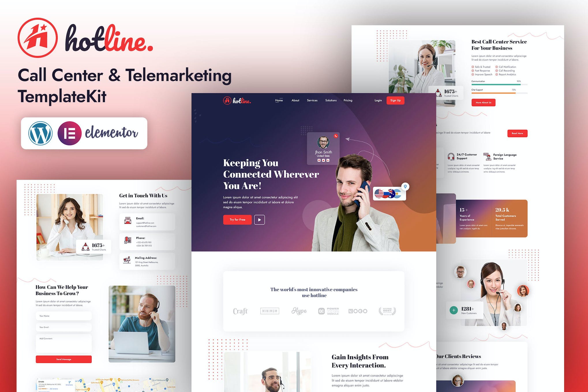 Hotline | Call Center &Telemarketing Elementor Template Kit template kit cover image