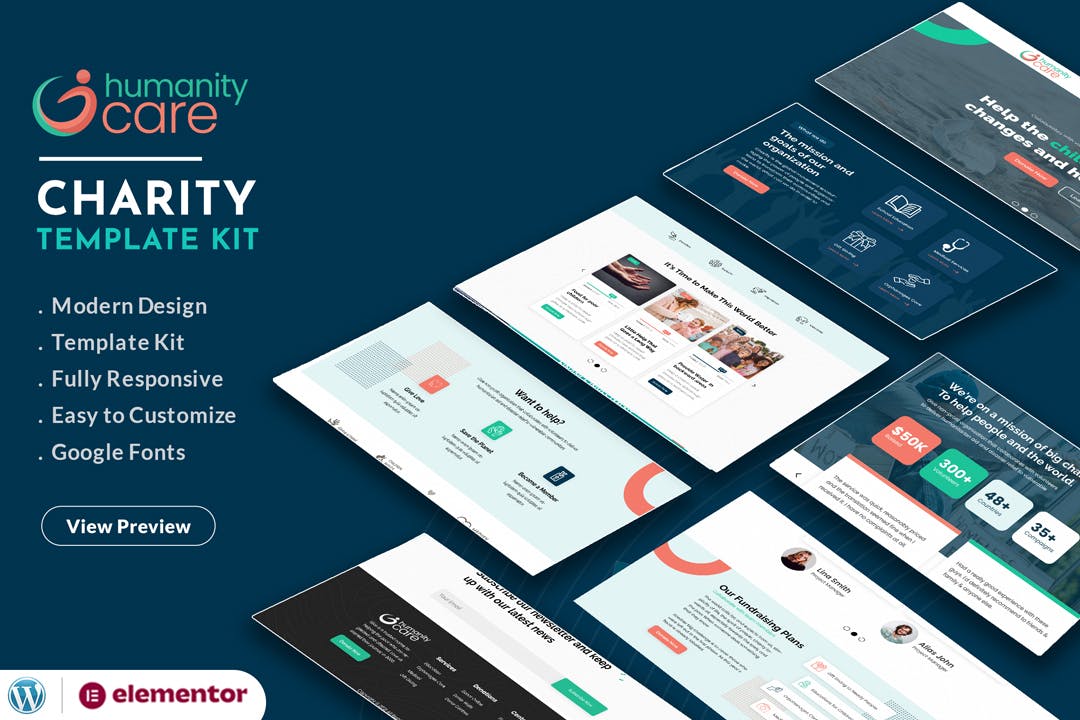 Humanity Care - Nonprofit Charity & Donation Elementor Template template kit cover image