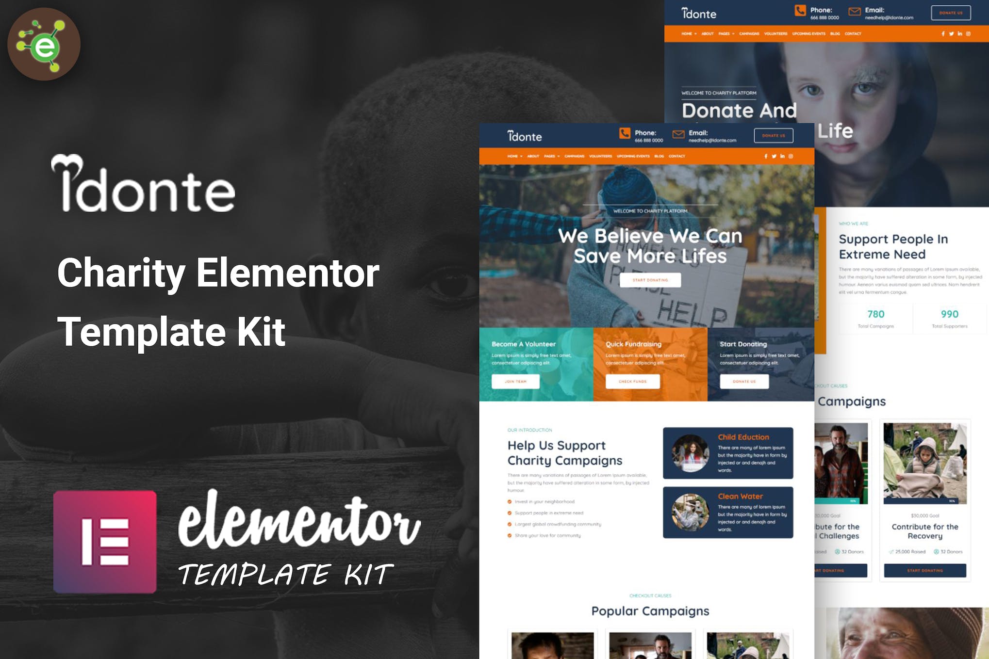 iDonte - Charity Non-Profit Elementor Template Kit template kit cover image