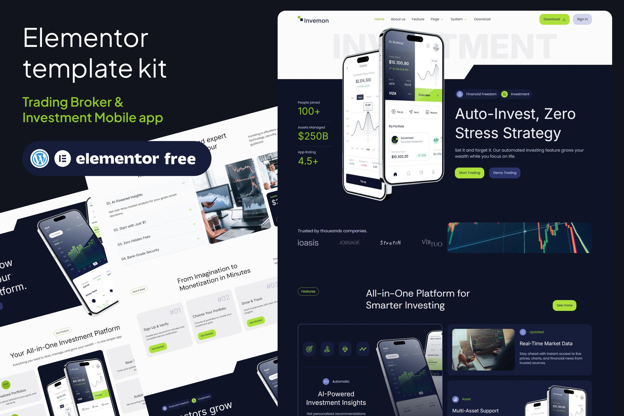 Invemon - Mobile Apps Trading & Investment Elementor Template kit template kit cover image