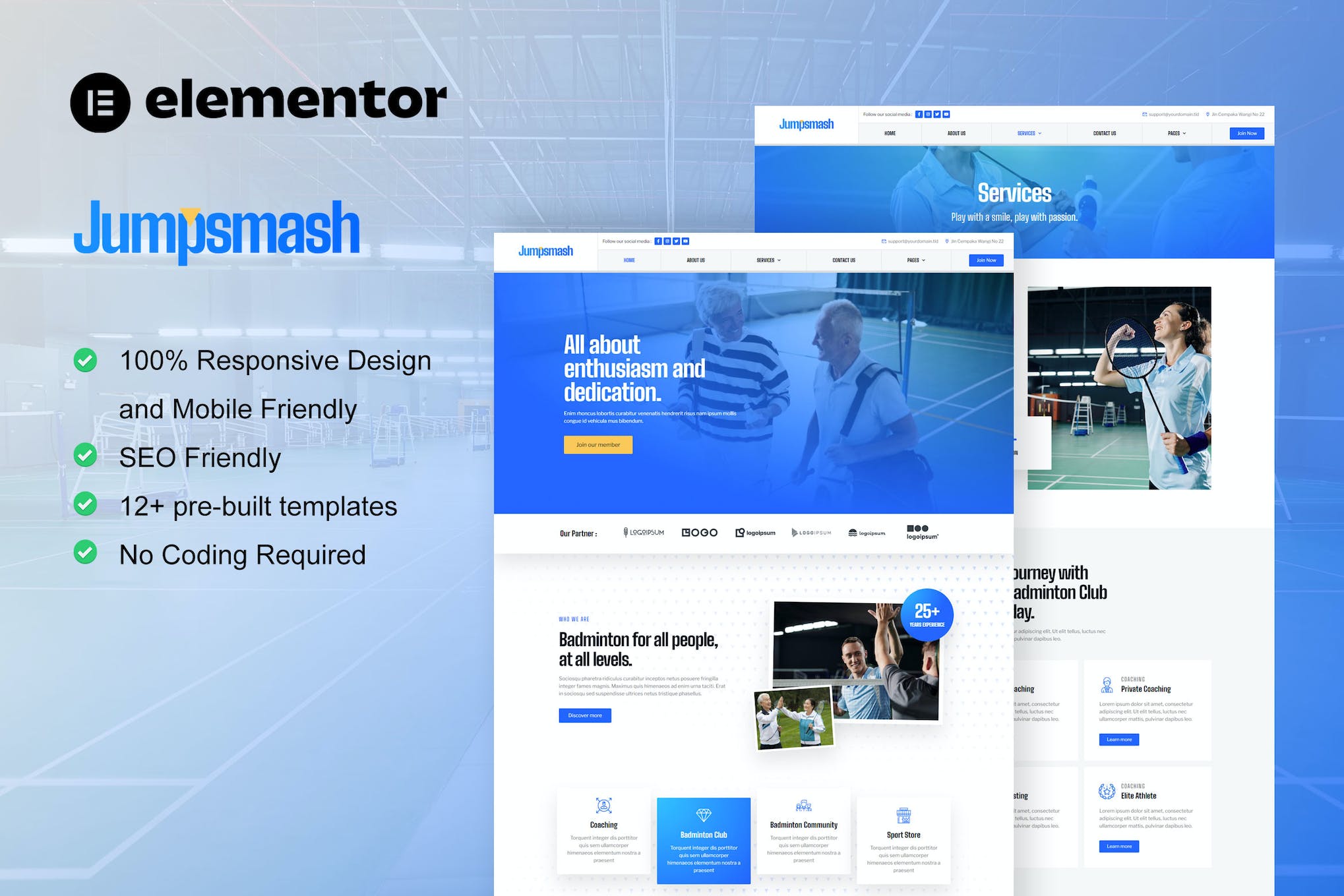 JumpSmash - Badminton Club & Sport Community Elementor Template Kit template kit cover image