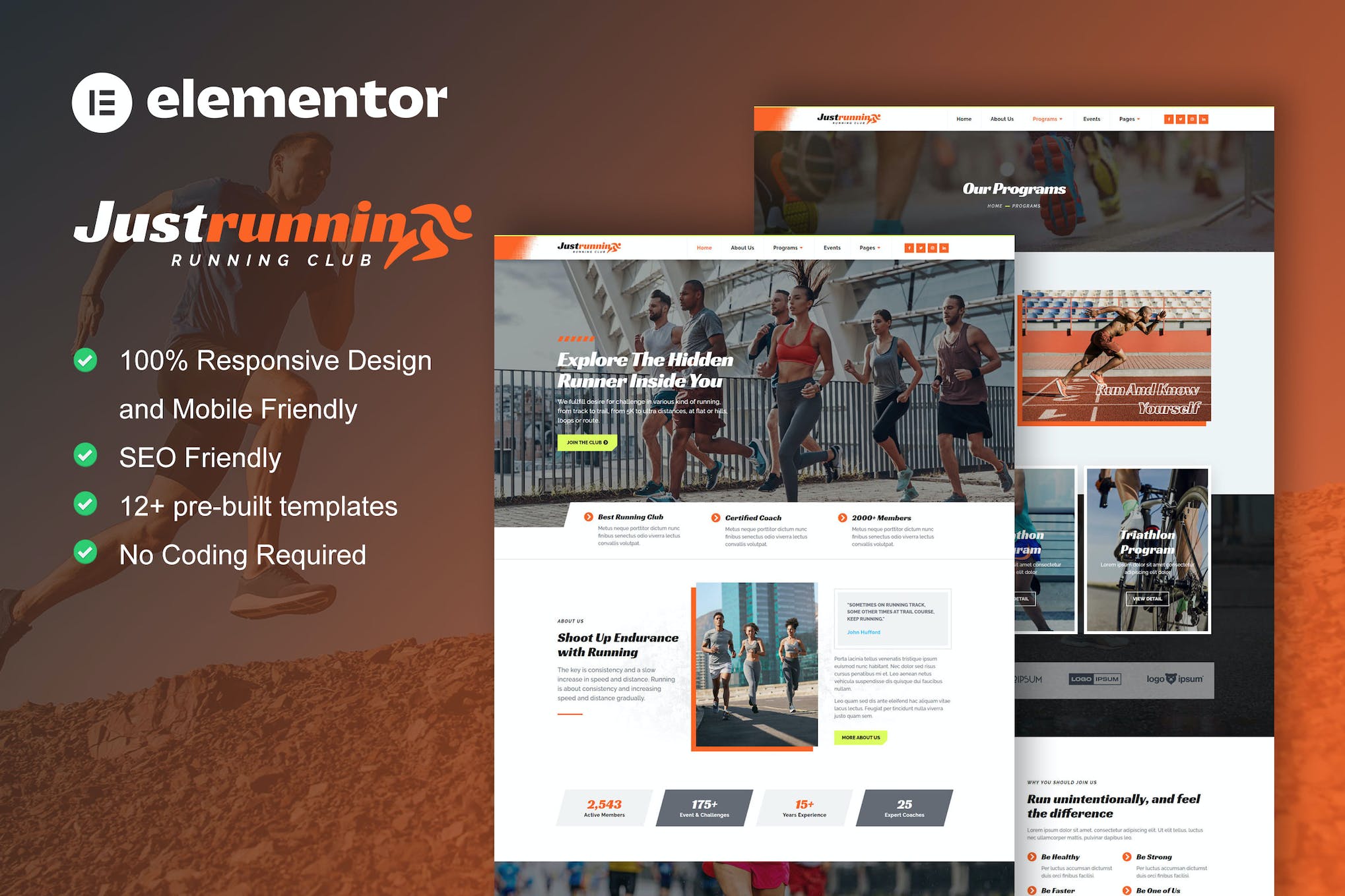JustRunnin - Running Club Marathon & Sport Event Elementor Template Kit template kit cover image