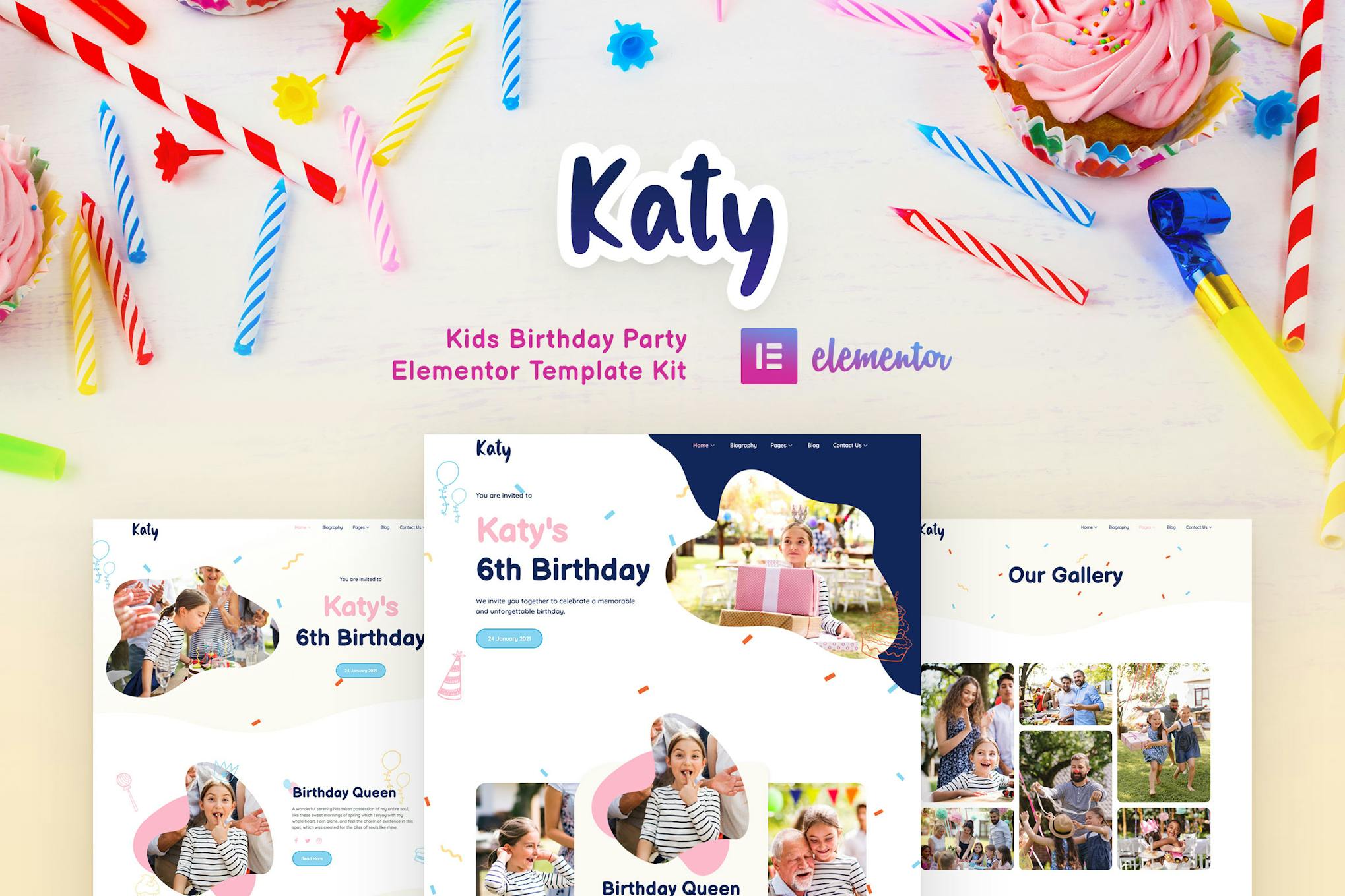 Katy - Kids Birthday Party Planner & Invitation Elementor Template Kit template kit cover image