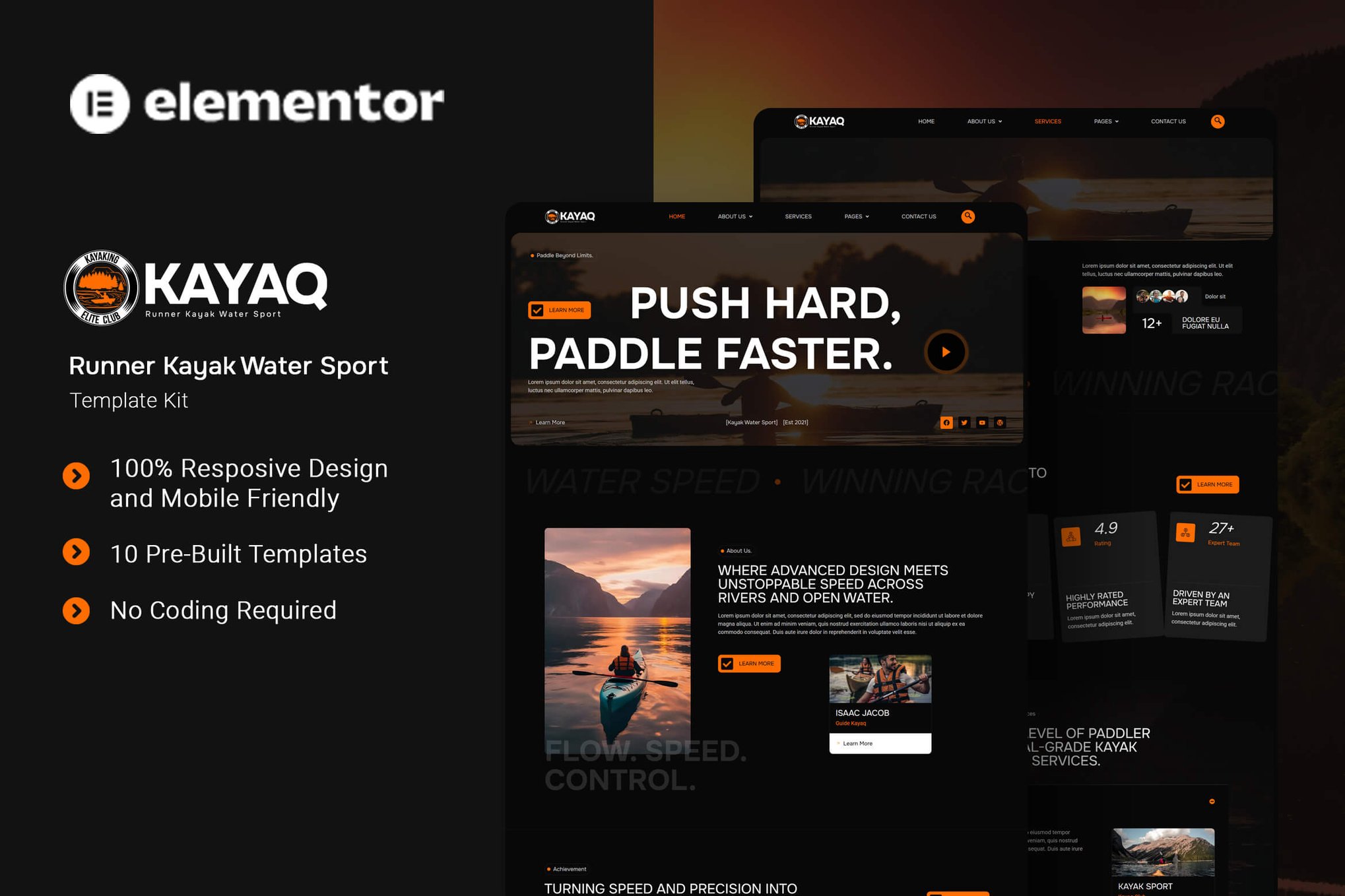 Kayaq - Runner Kayak Water Sport Elementor Template Kit template kit cover image