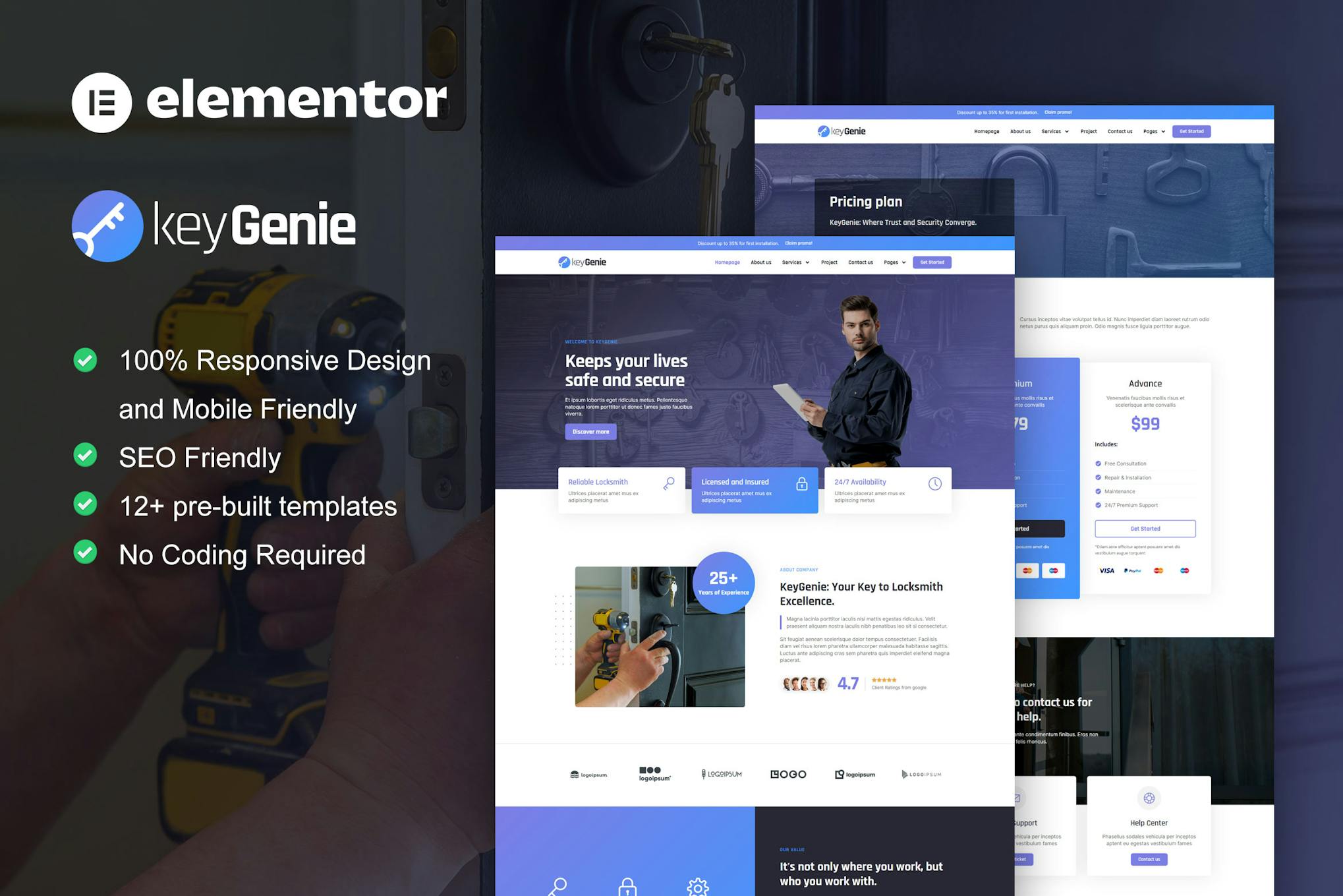 KeyGenie - Locksmith & Key Maker Service Elementor Template Kit template kit cover image