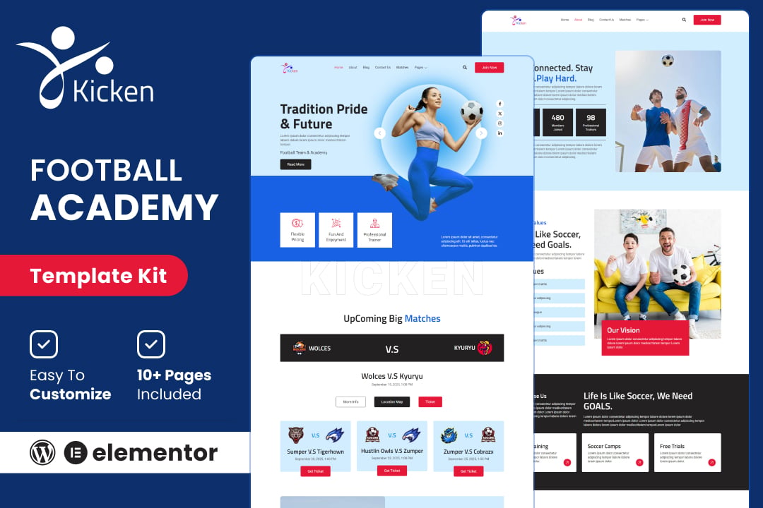 Kicken - Football & Sports Academy Elementor Template Kit template kit cover image