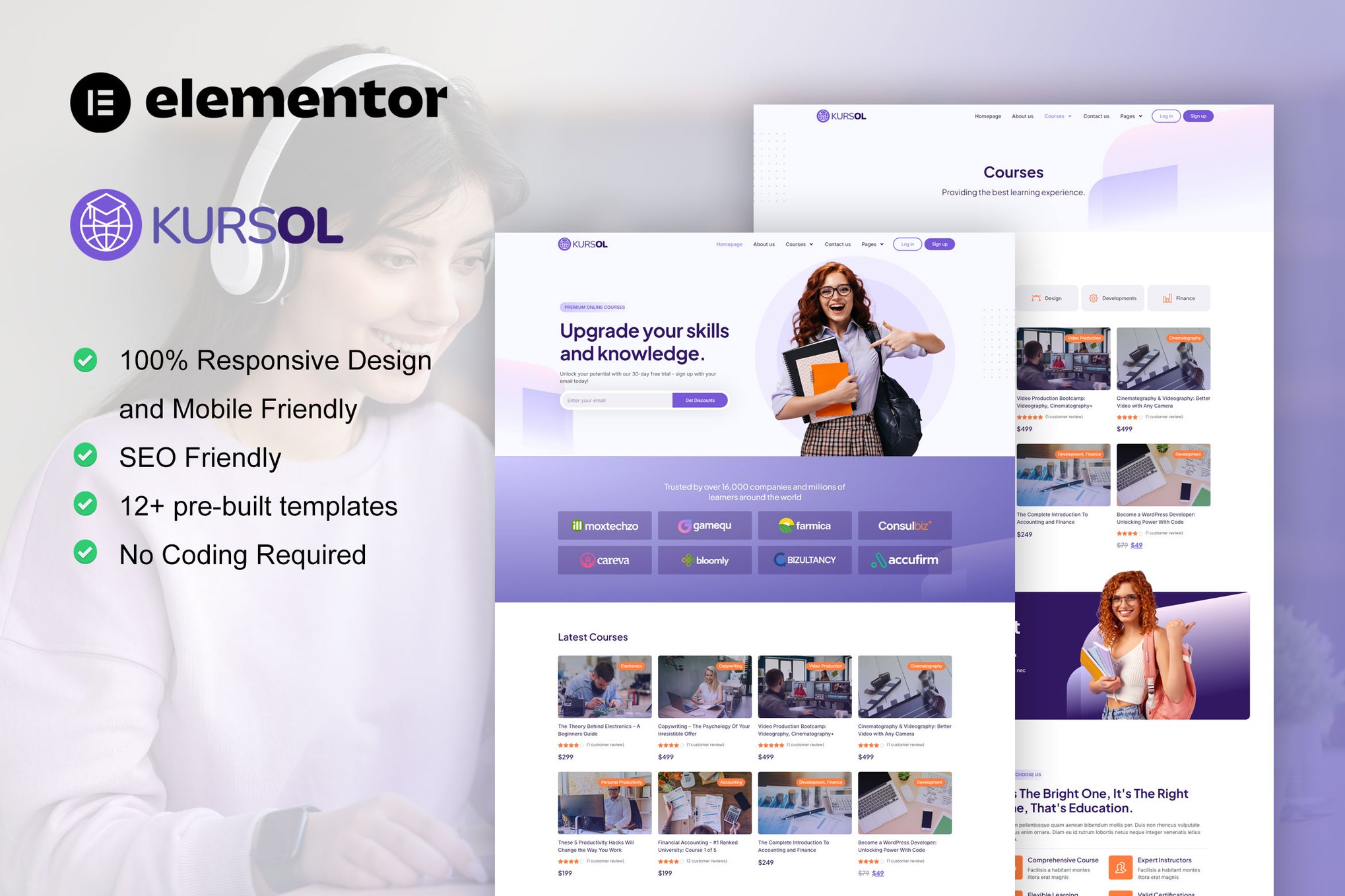 Kursol - Online Course & Education Elementor Pro Template Kit template kit cover image