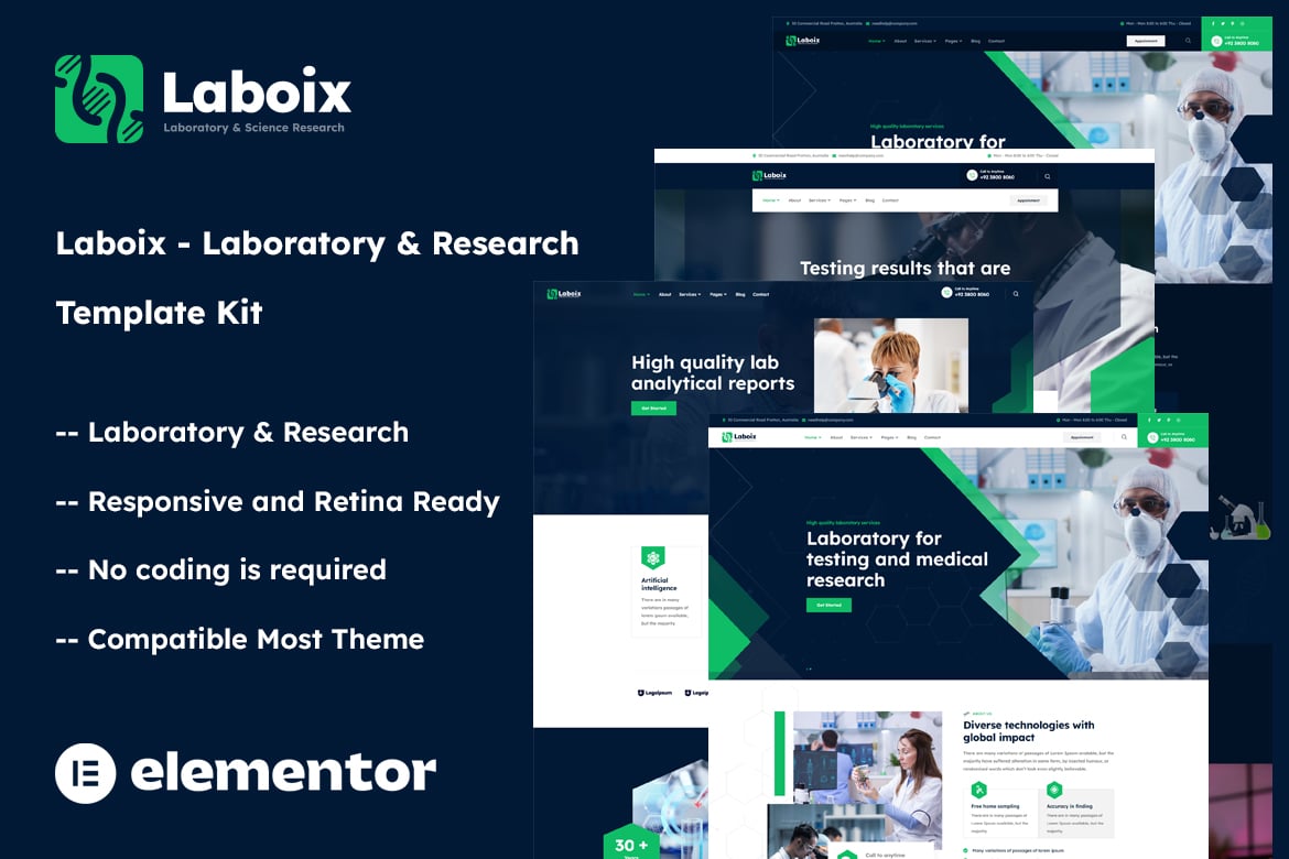 Laboix - Laboratory & Research Elementor Template Kit template kit cover image
