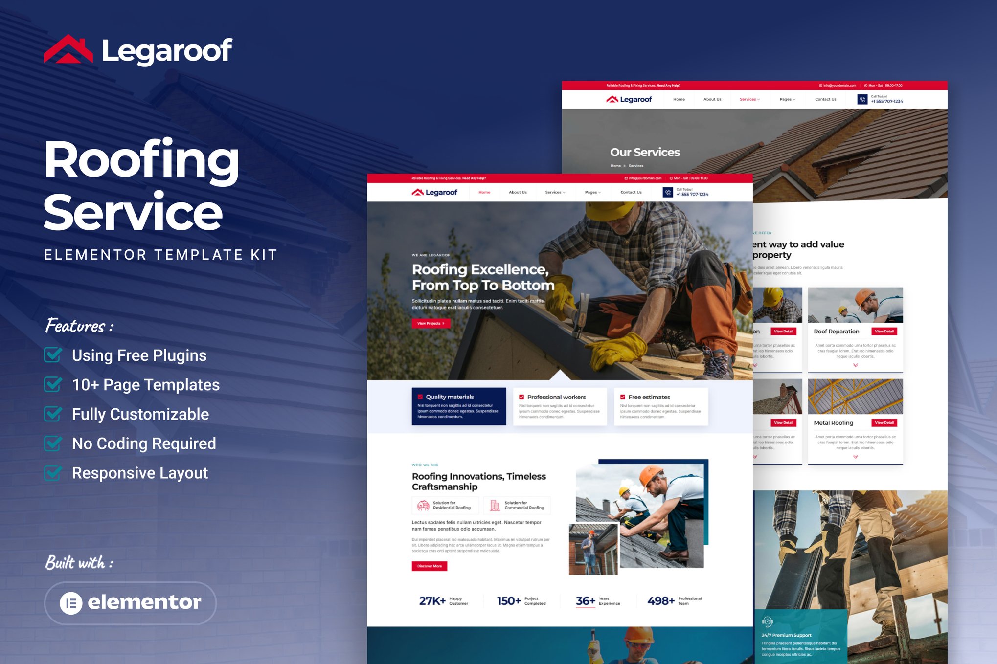 Legaroof - Roofing Service Elementor Template Kit template kit cover image