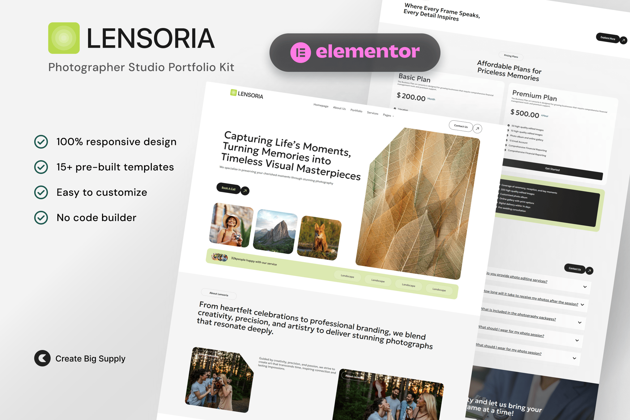 Lensoria - Photographer Studio Portfolio Elementor Template Kit template kit cover image