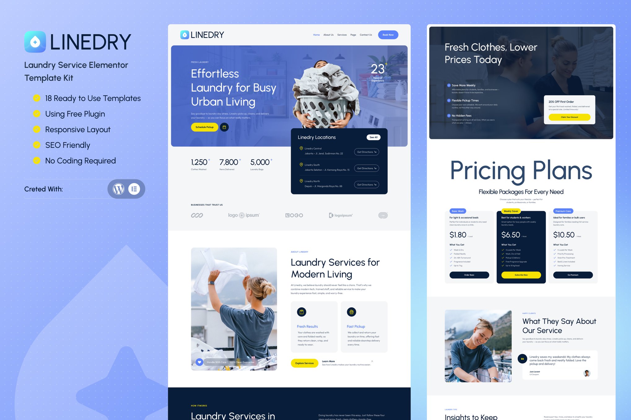 Linedry - Laundry Service Elementor Template Kit template kit cover image