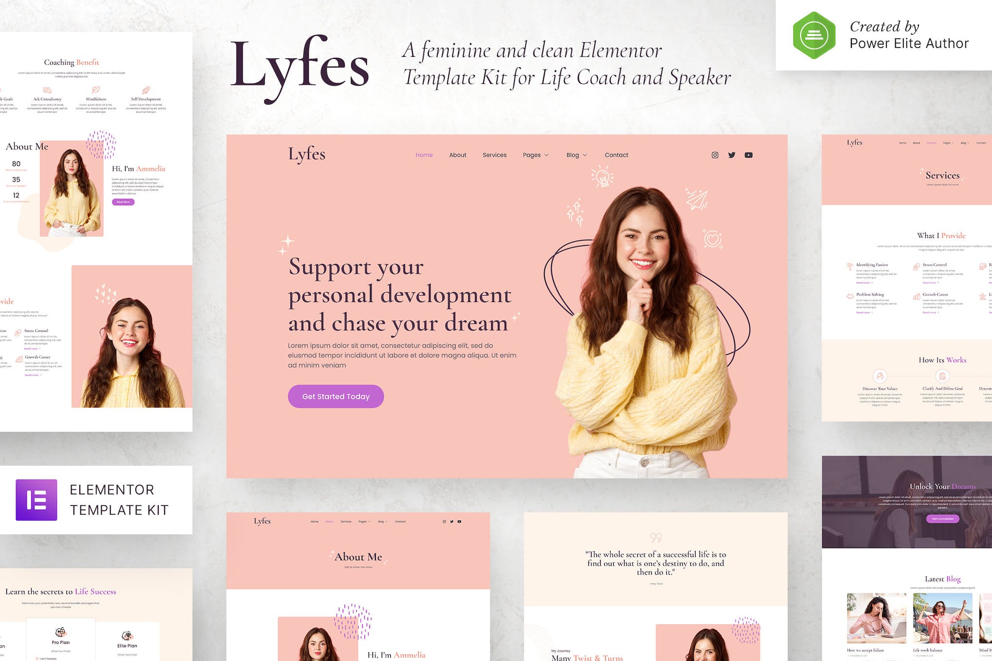Lyfes – Feminine Life Coach & Speaker Elementor Template Kit template kit cover image