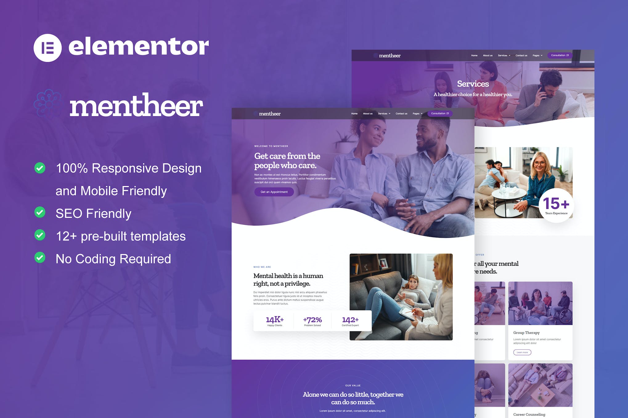 Mentheer - Mental Health Therapy Elementor Pro Template Kit template kit cover image