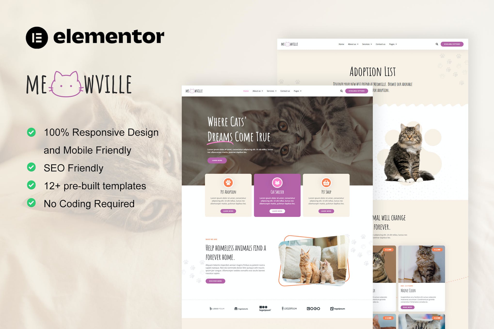 MeowVille - Animal Shelter & Cat Breeder Elementor Template Kit template kit cover image