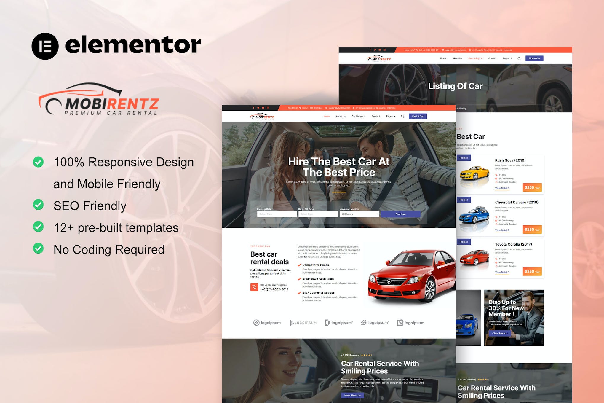 Mobirentz - Car Rental & Auto Dealer Elementor Template Kit template kit cover image