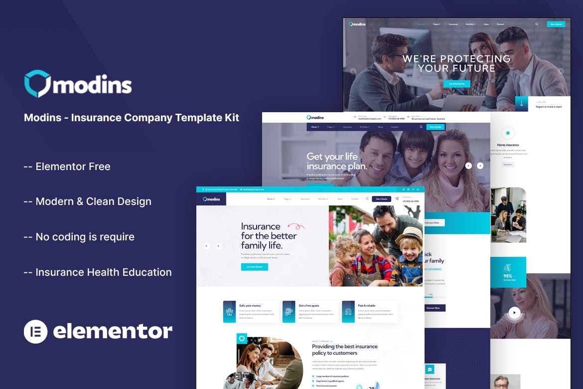Modins - Insurance Company Elementor Template Kit template kit cover image