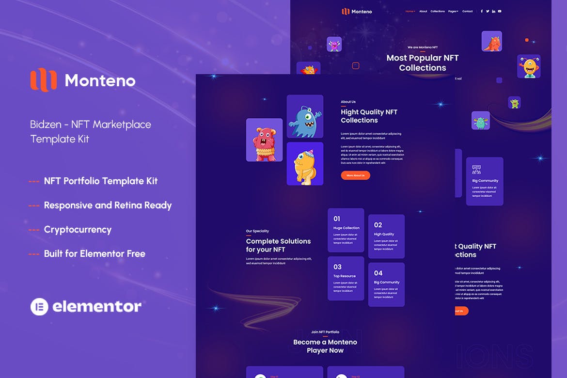 Monteno - NFT Portfolio Elementor Template Kit template kit cover image