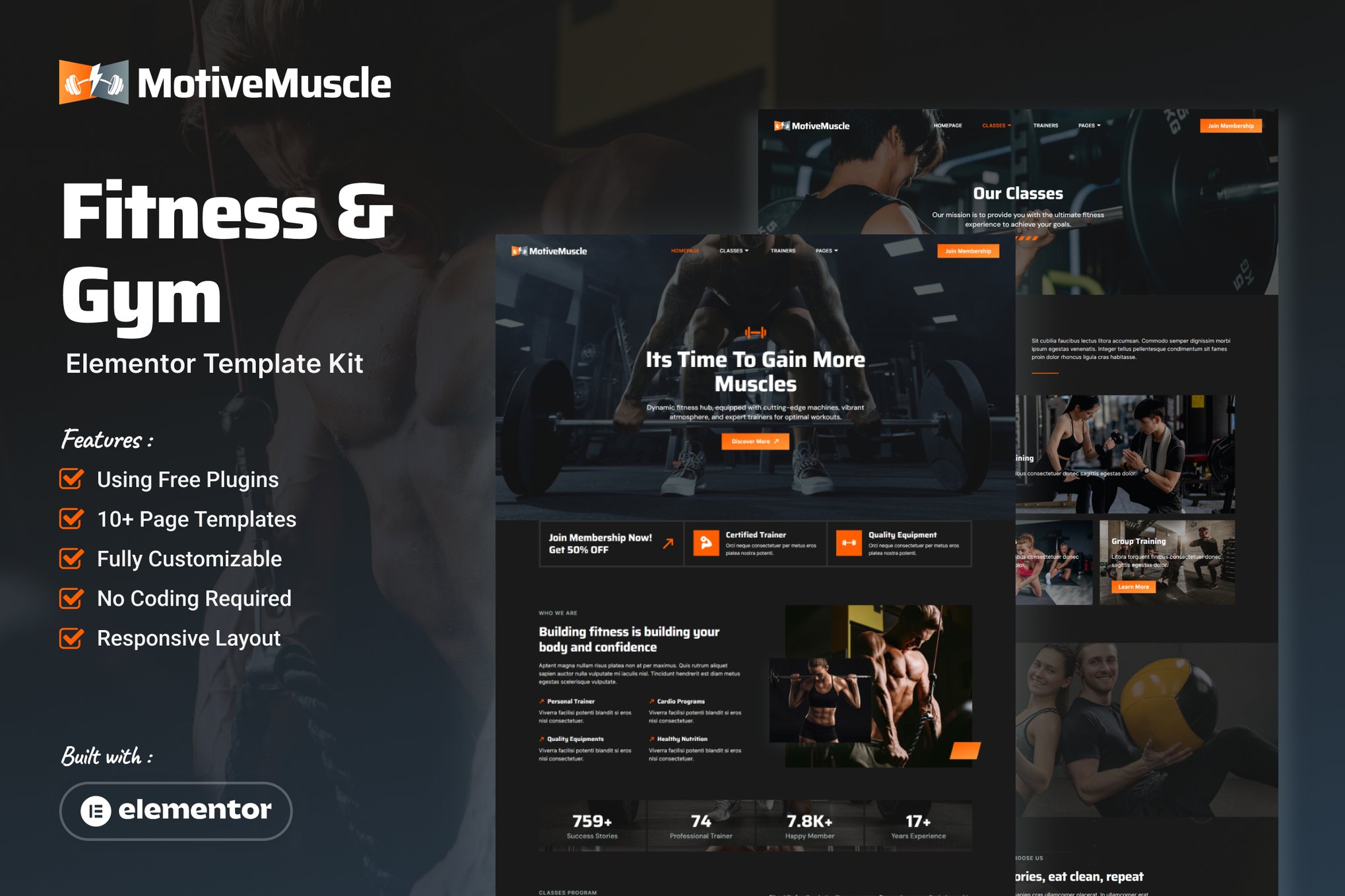 MotiveMuscle - Fitness & Gym Elementor Template Kit template kit cover image