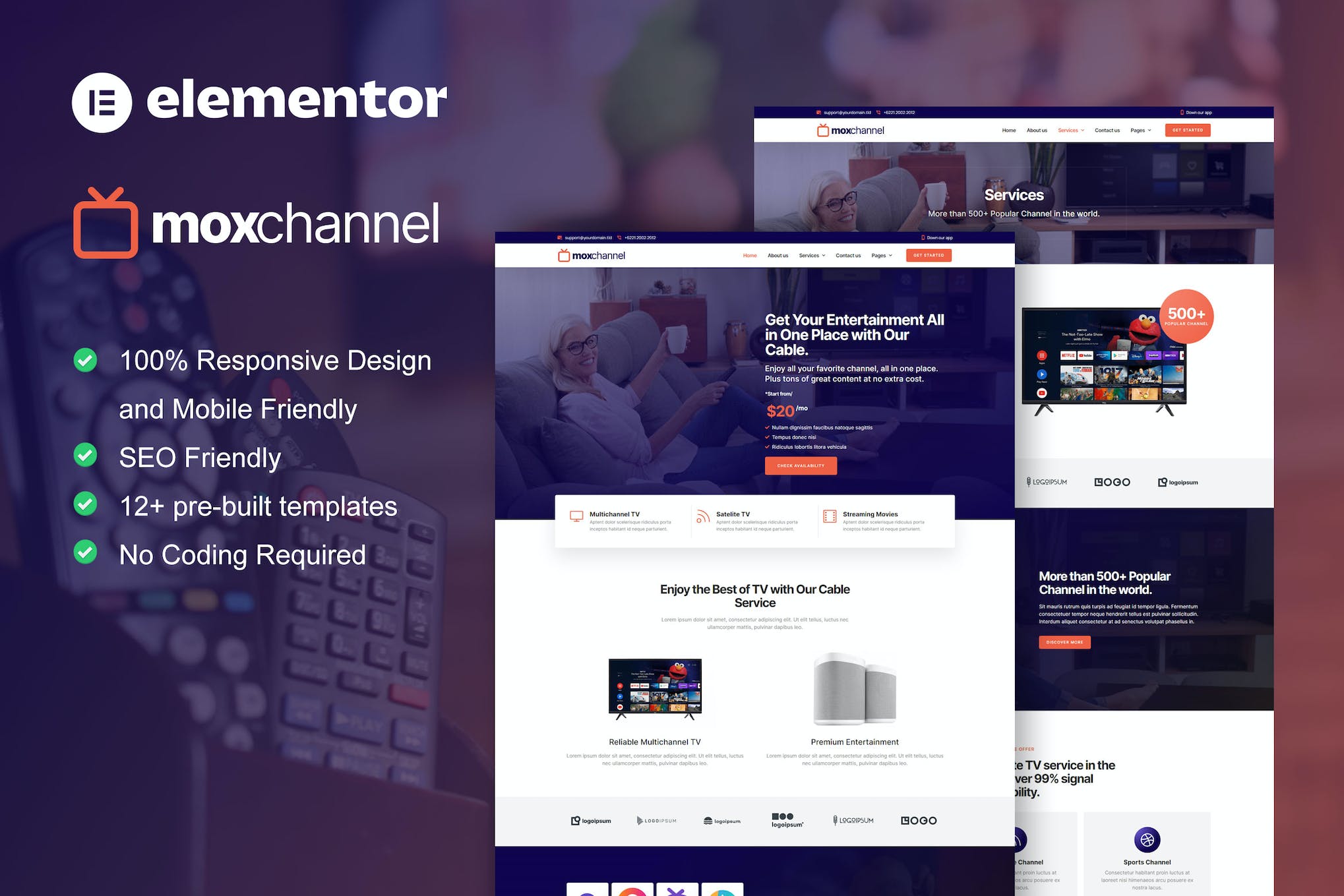 MoxChannel - TV Channel Service Elementor Template Kit template kit cover image