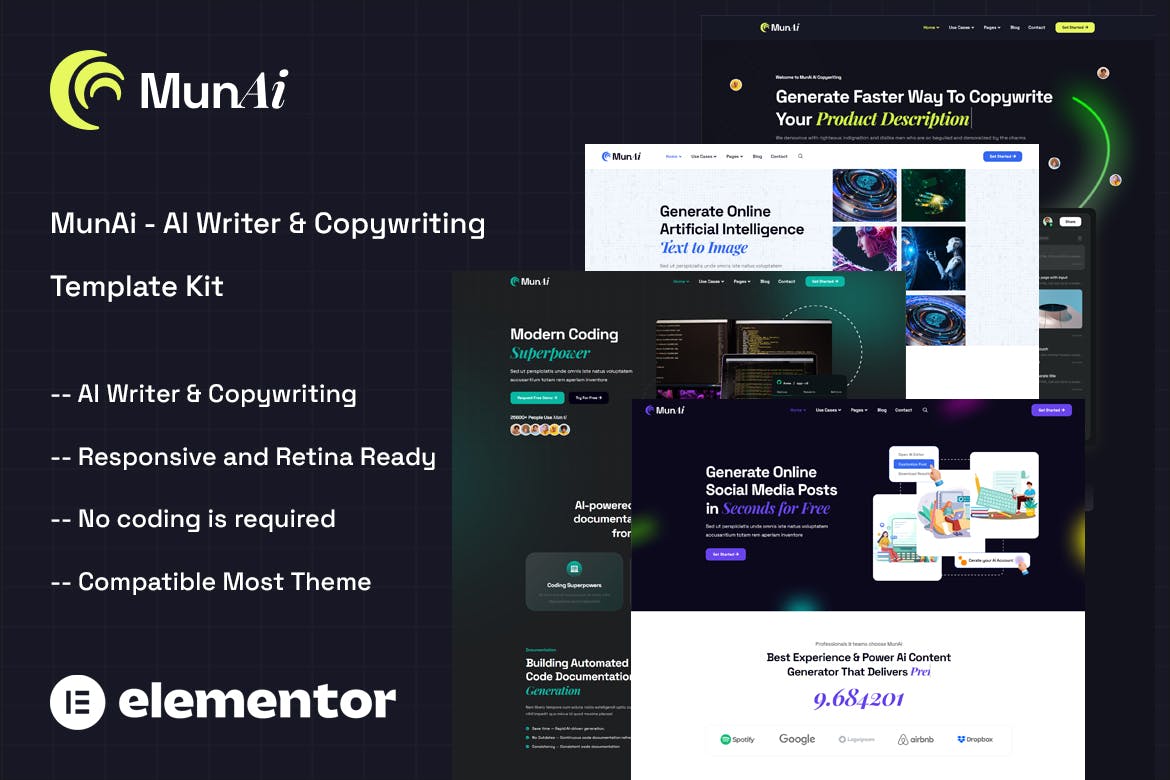 MunAi - AI Writer & Copywriting App Elementor Template Kit template kit cover image