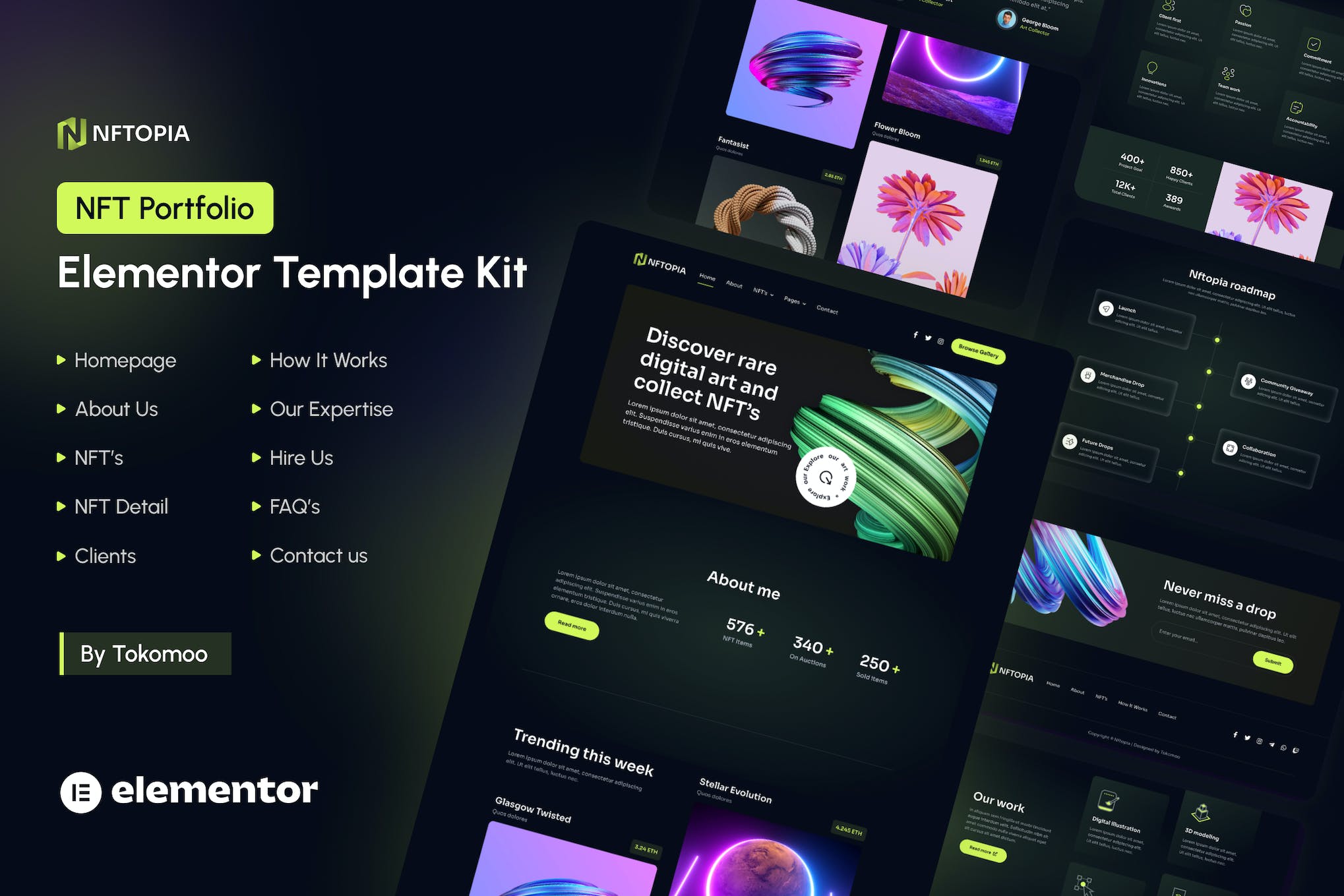 Nftopia - NFT Portfolio Elementor Pro Template Kit template kit cover image