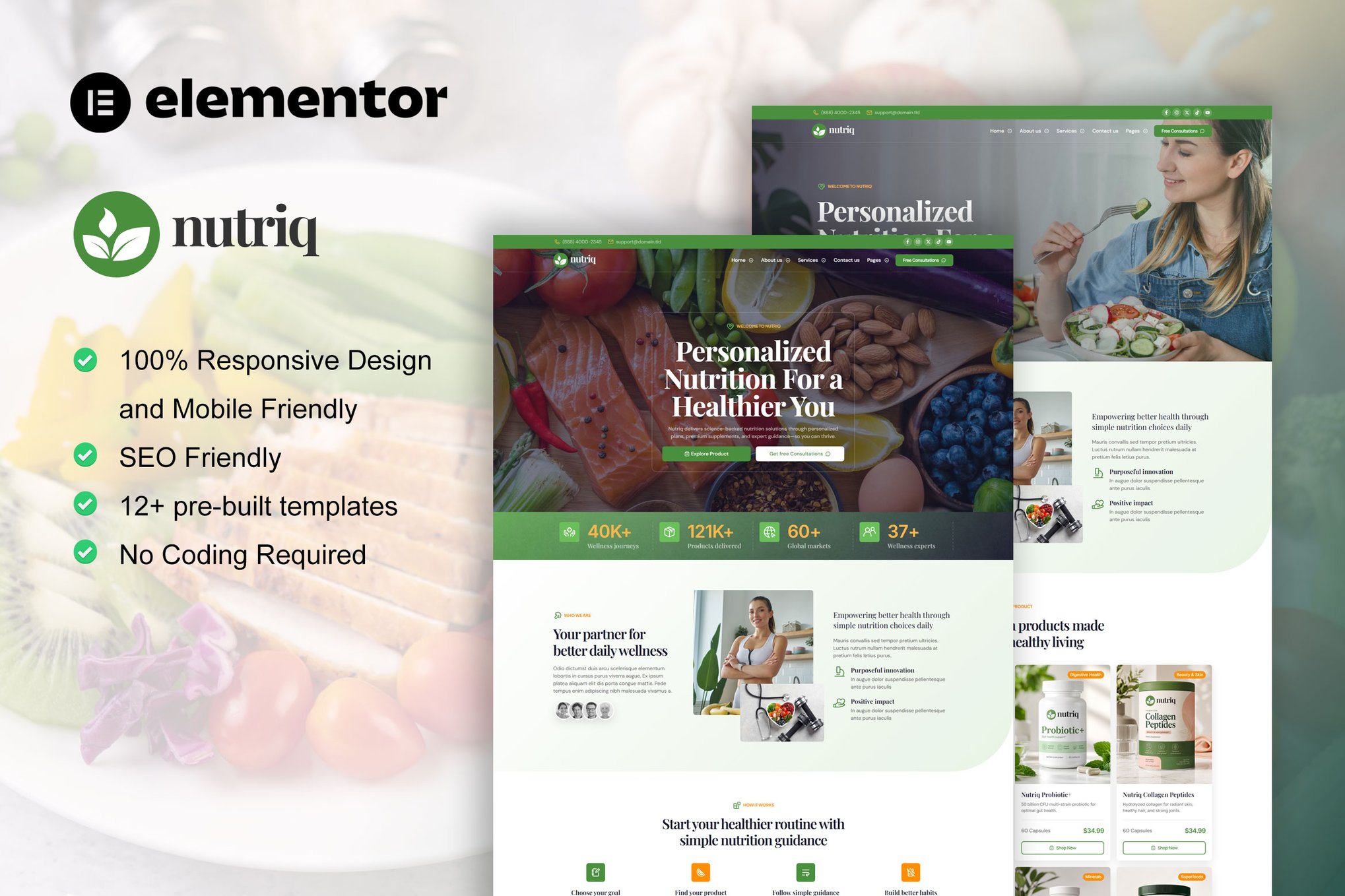 Nutriq - Healthy Food & Nutrition Elementor Template Kit template kit cover image