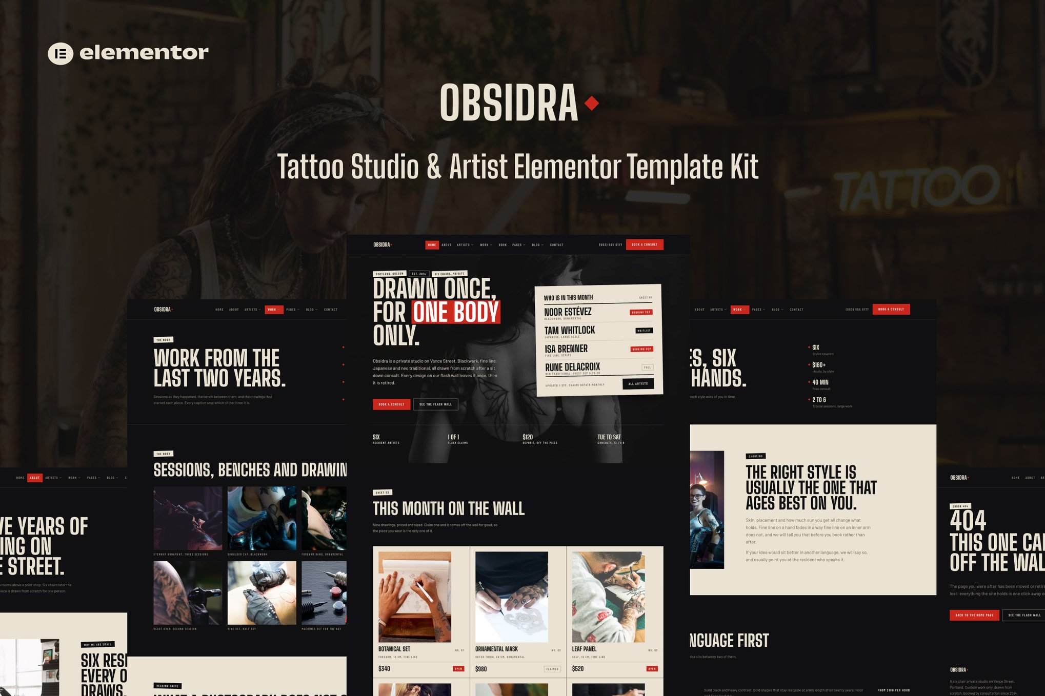 Obsidra - Tattoo Studio & Artist Elementor Template Kit template kit cover image