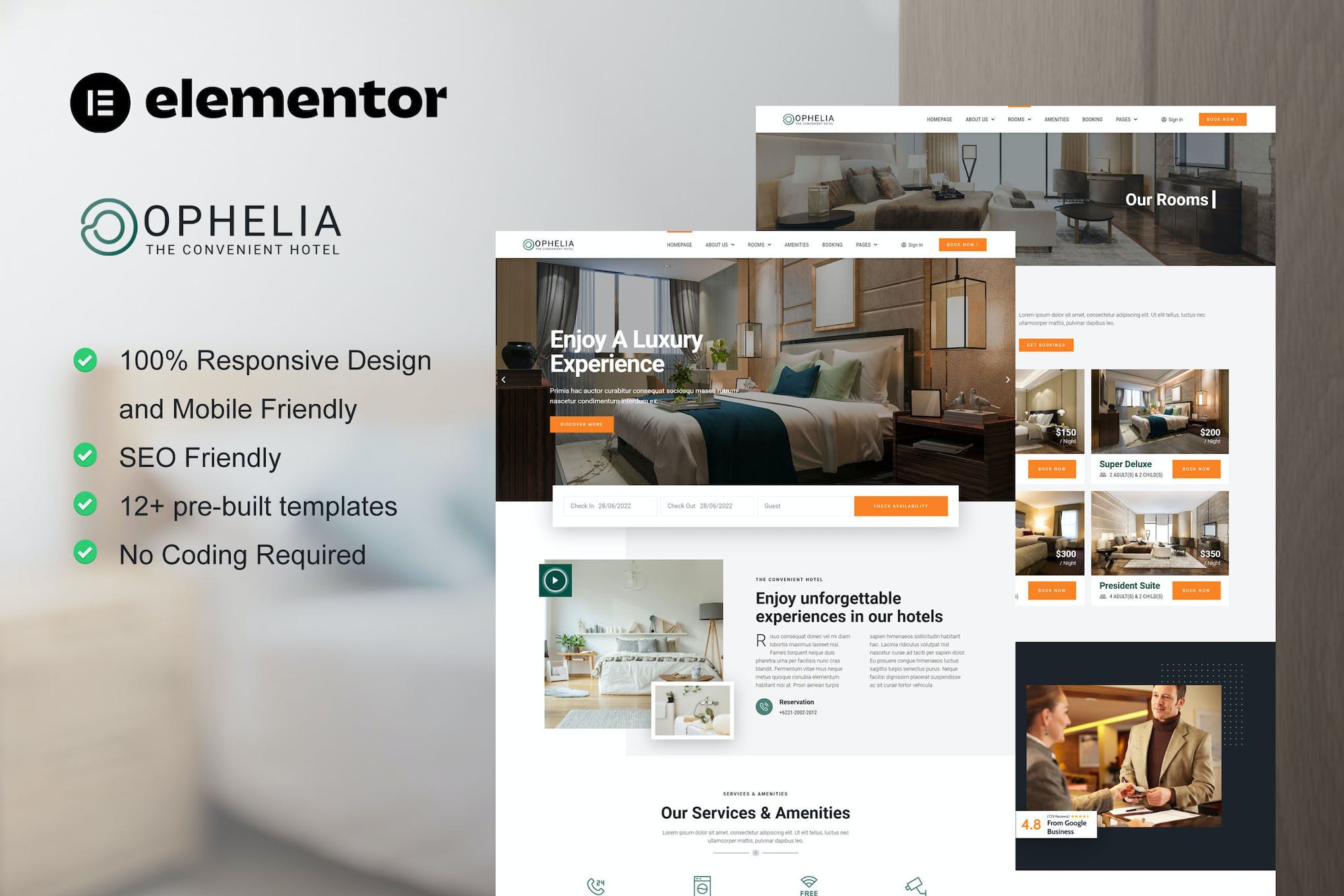 Ophelia - Hotel & Resort Elementor Template Kit template kit cover image