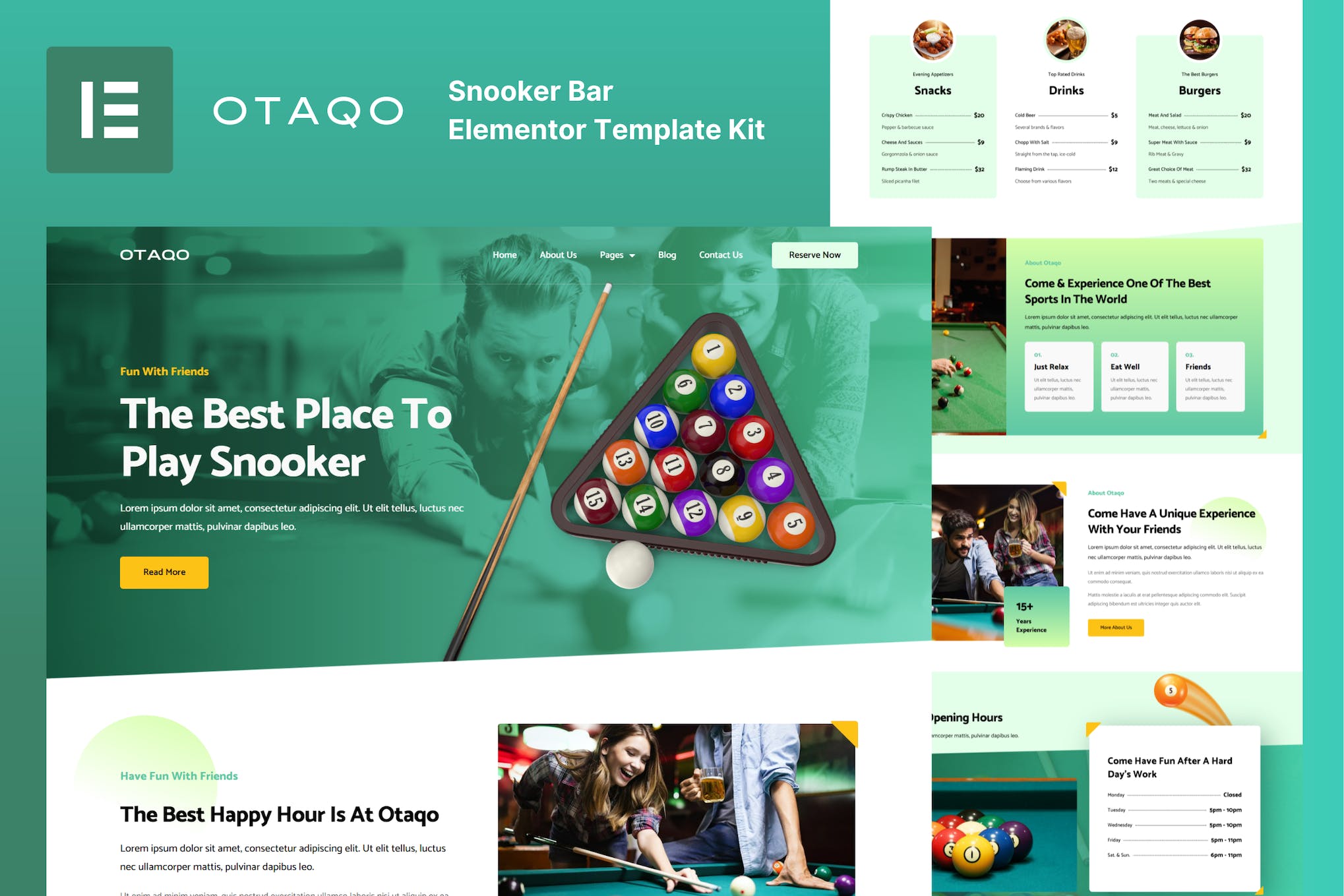 Otaqo - Snooker & Pool Bar Elementor Template Kit template kit cover image