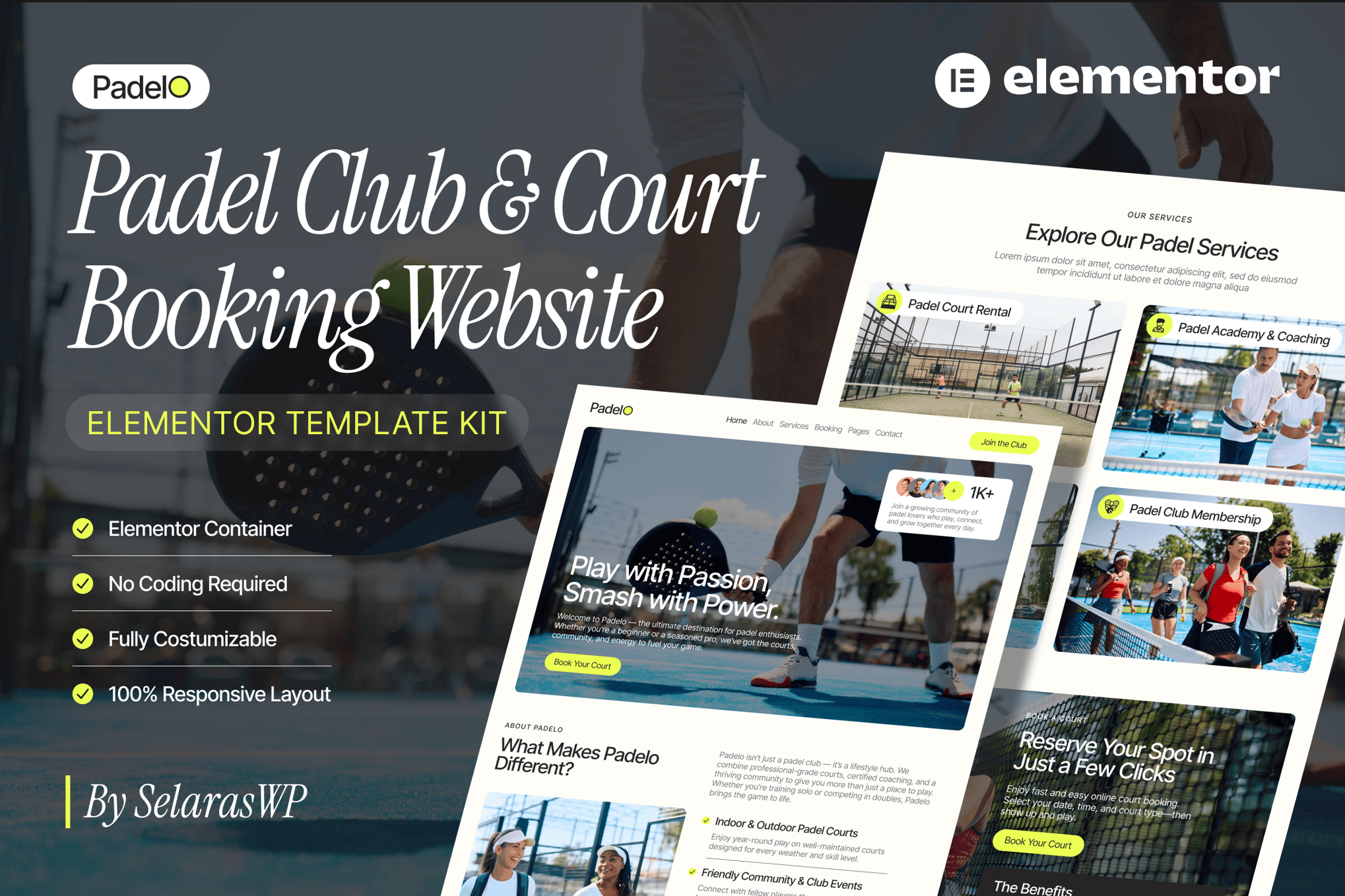 Padelo - Padel Club & Court Booking Elementor Pro Template Kit template kit cover image