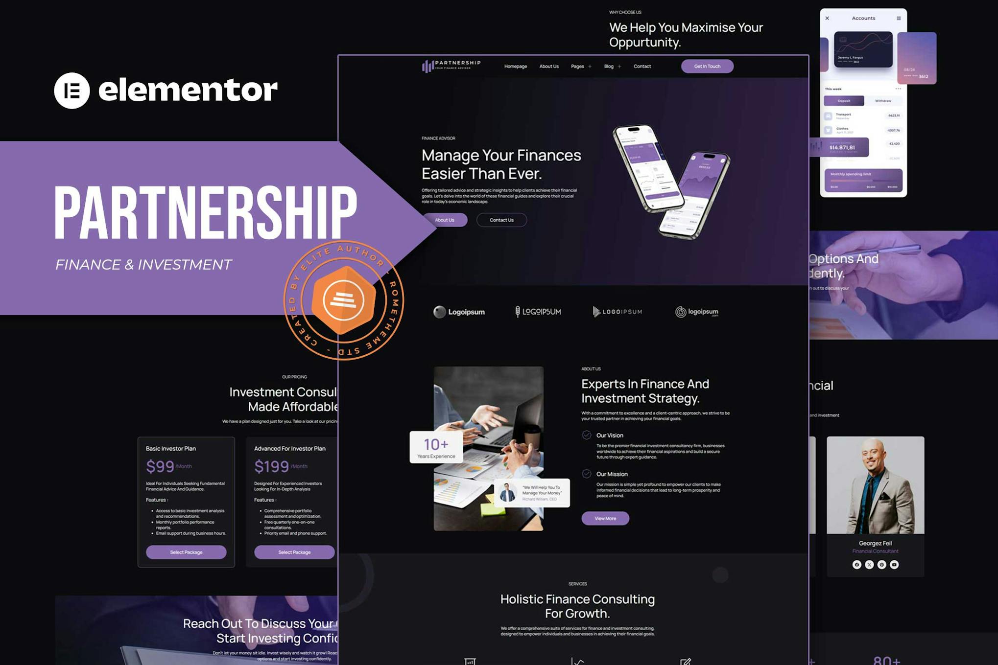 Partnership - Finance & Investment Consultant Elementor Template Kit template kit cover image