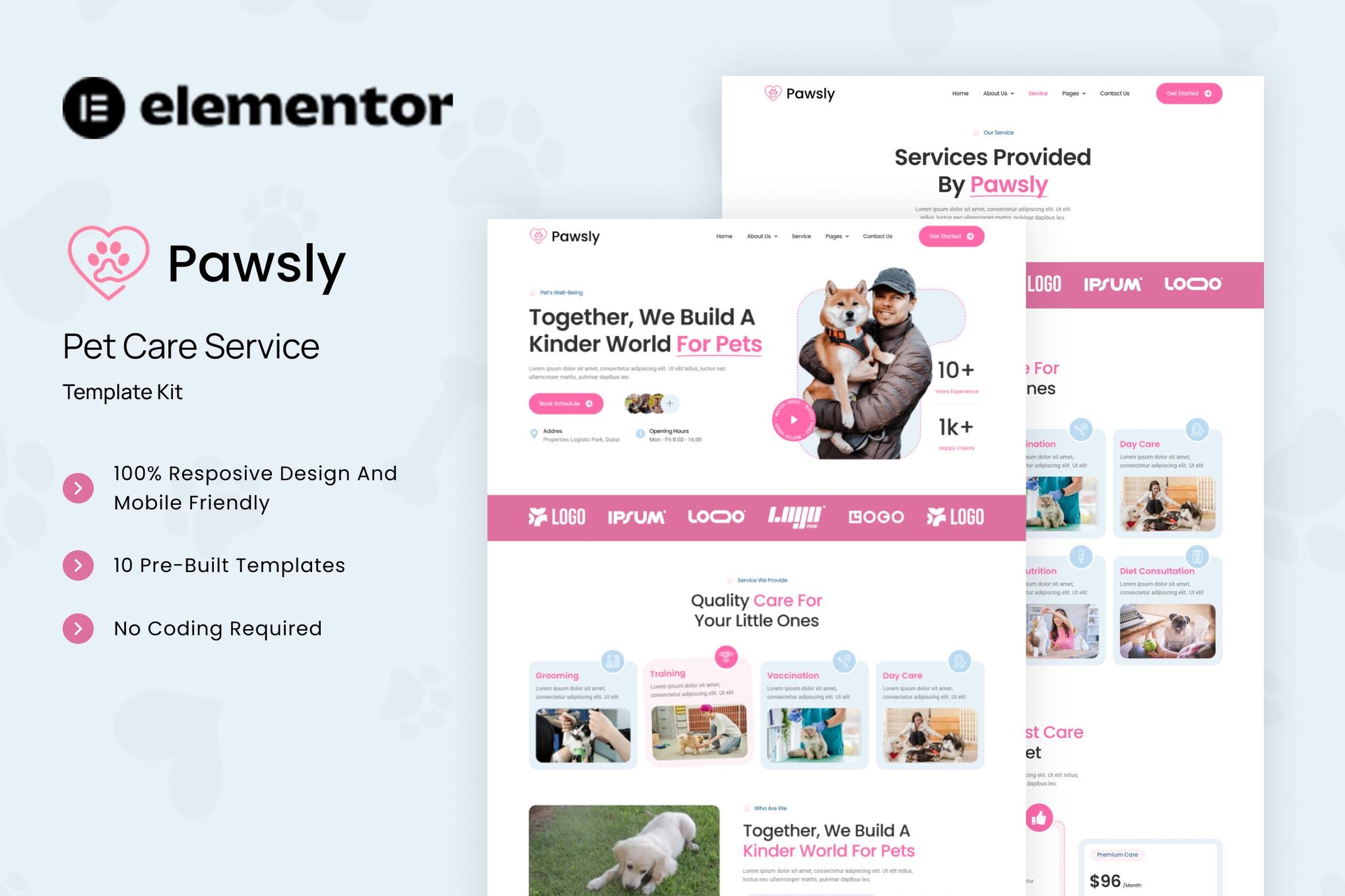 Pawsly - Pet Care Service Elementor Template Kit template kit cover image