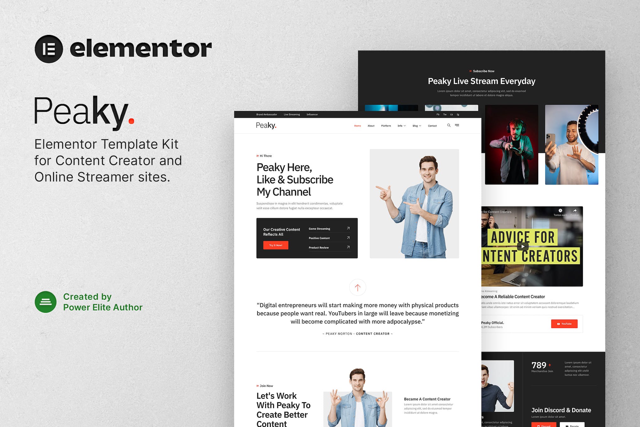 Peaky – Content Creator & Online Streamer Elementor Template Kit template kit cover image