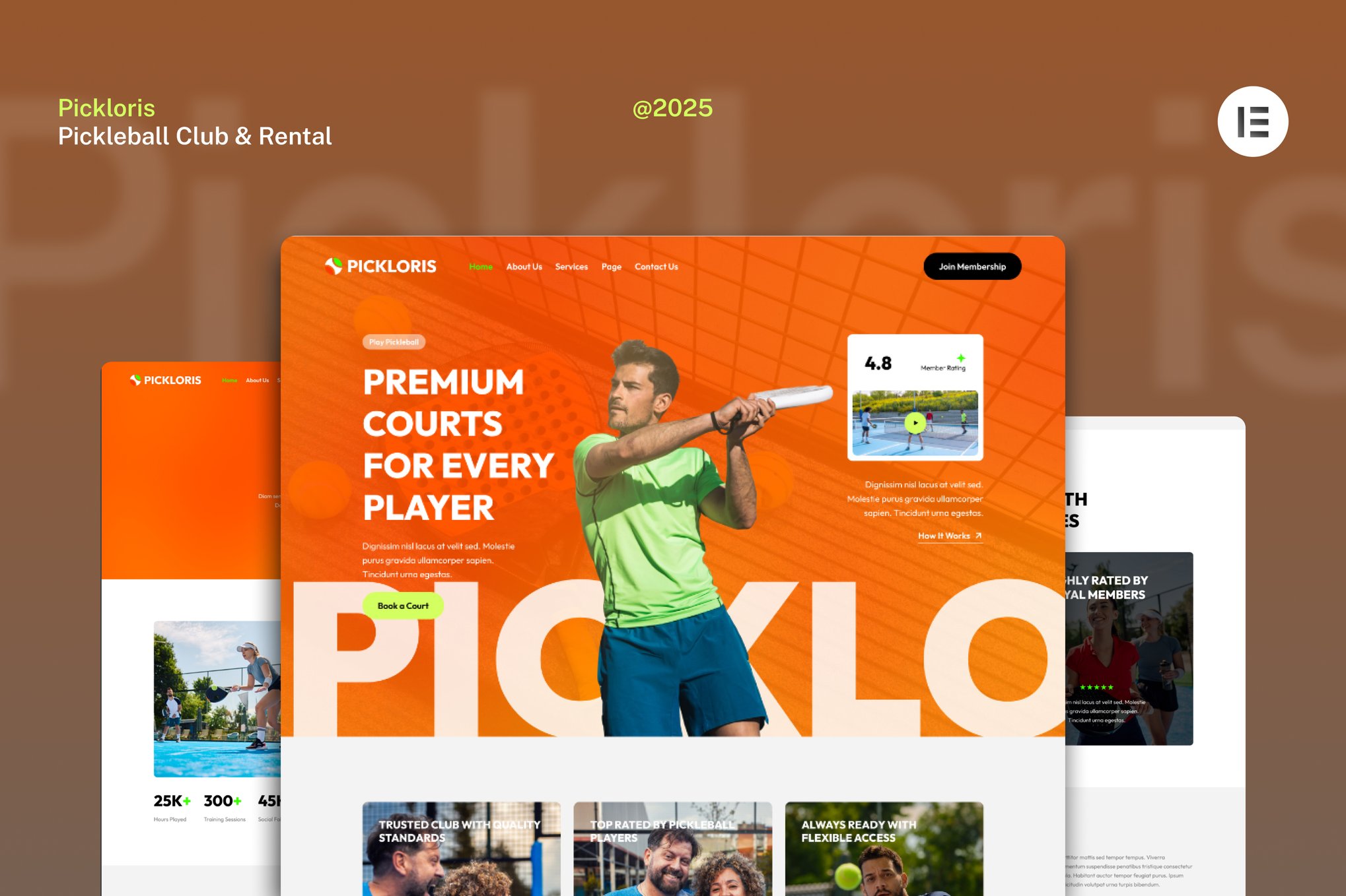 Pickloris - Pickleball Club & Rental Court Website Elementor Template Kit template kit cover image