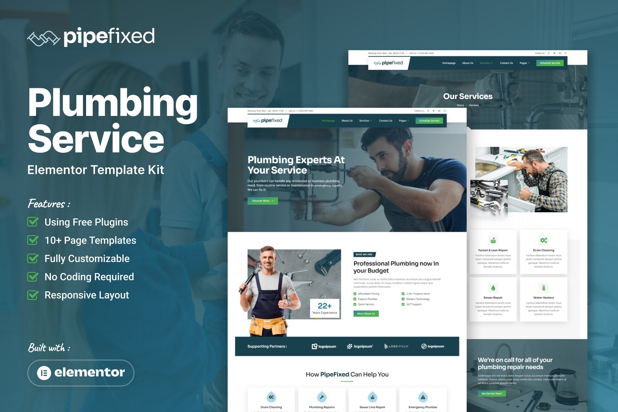 Pipefixed - Plumbing Service Elementor Template Kit template kit cover image