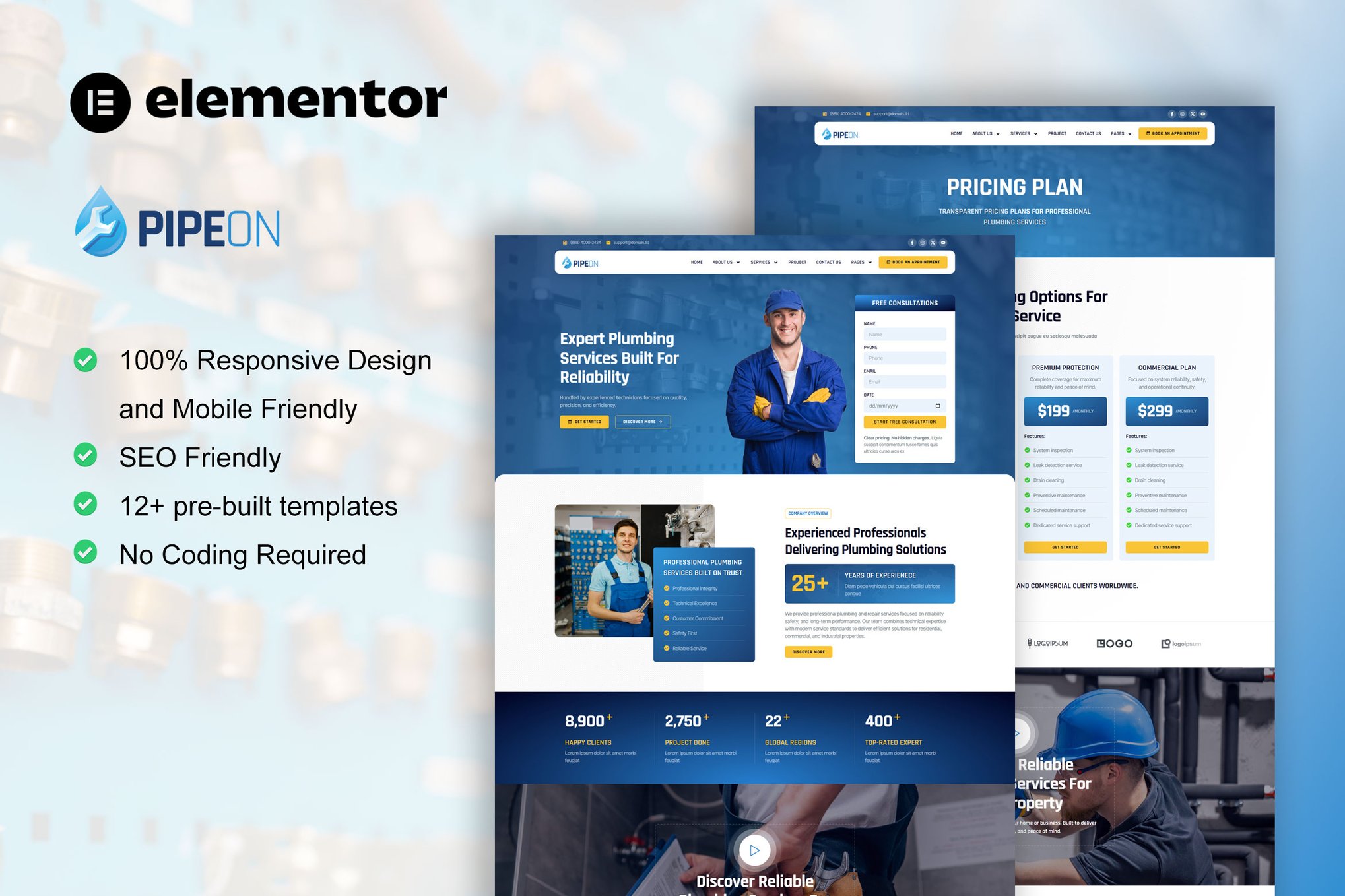 PipeOn - Plumbing Services Elementor Pro Template Kit template kit cover image