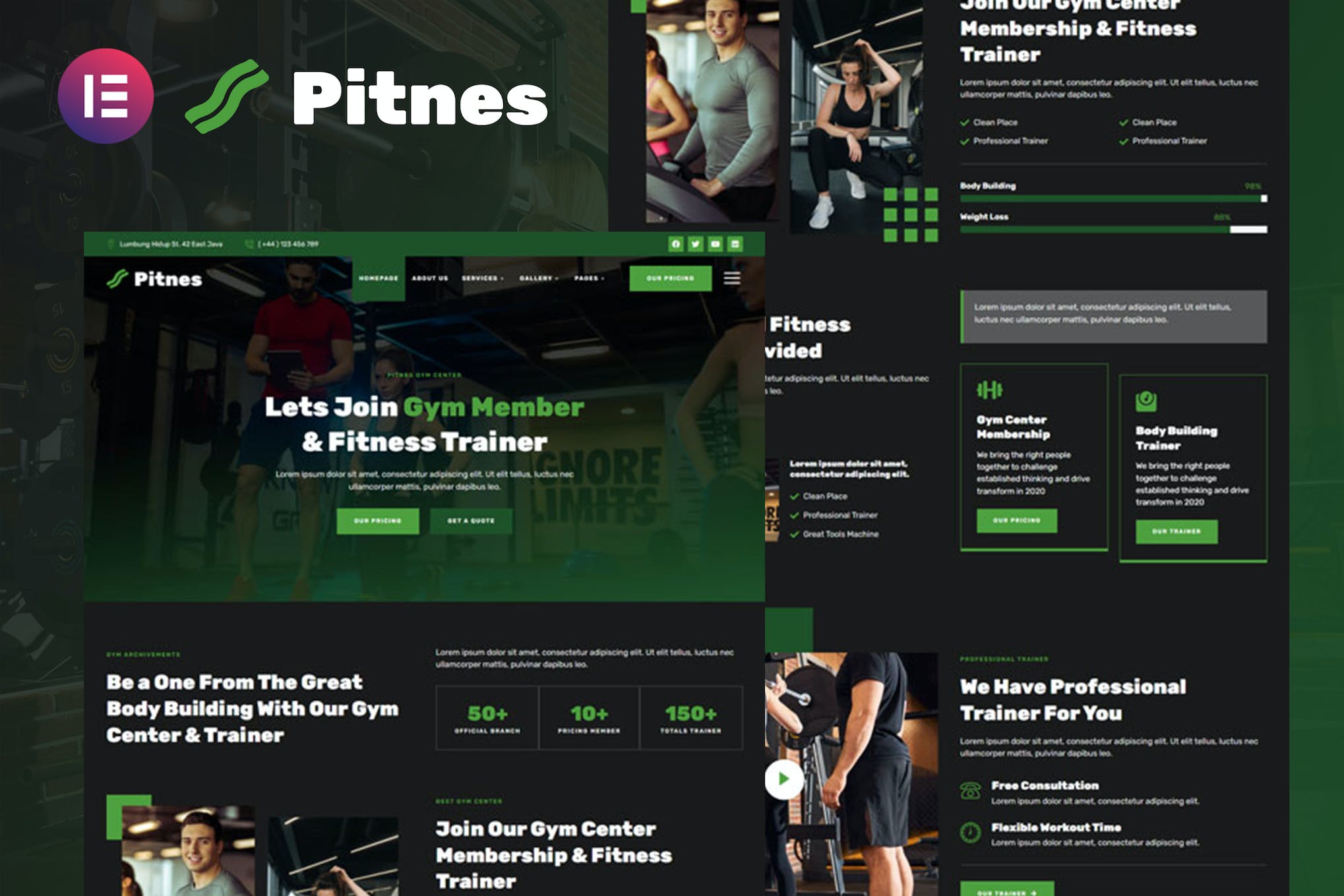 Pitnes - Gym Center & Fitness Training Elementor Template Kit template kit cover image