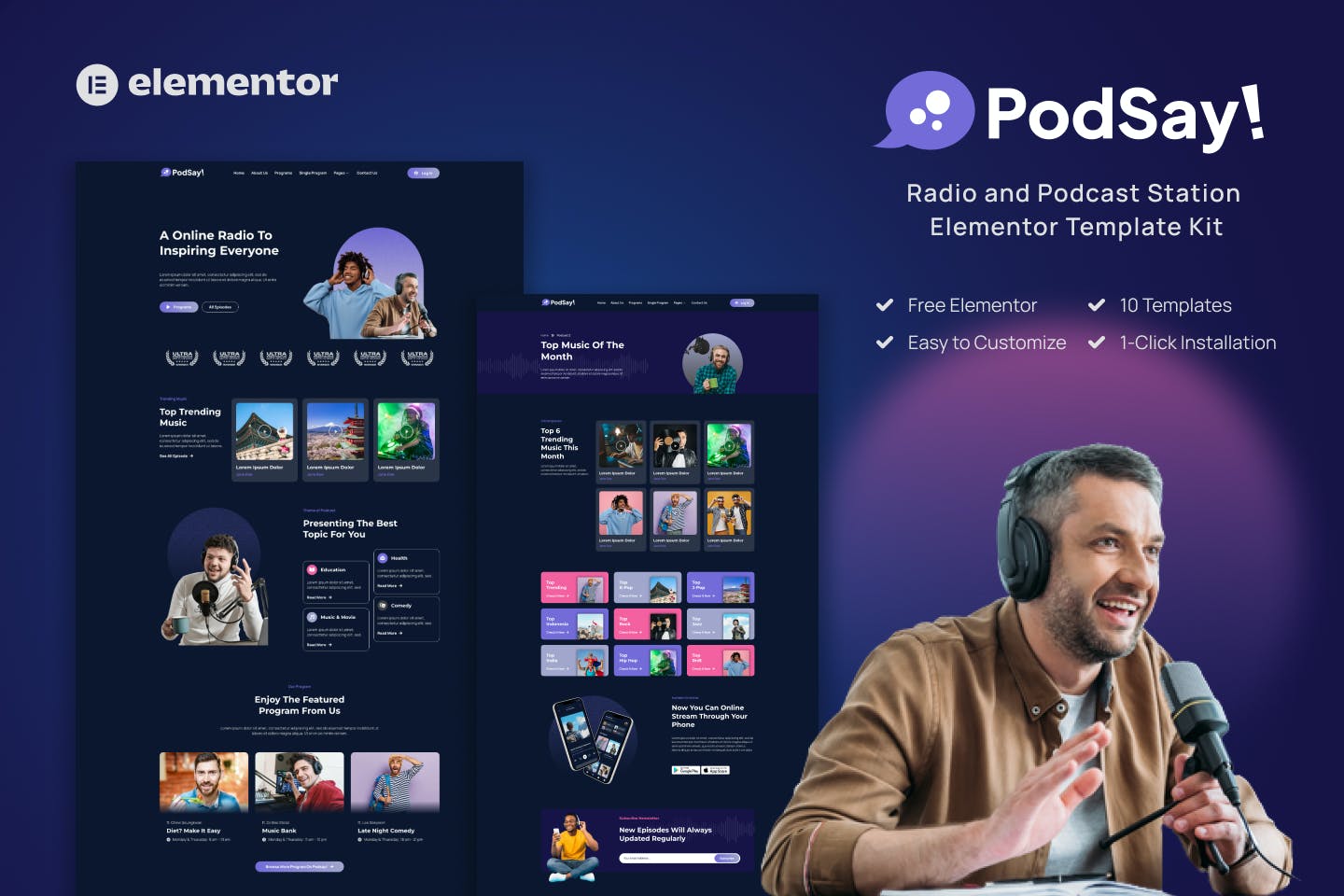 PodSay - Radio & Podcast Station Elementor Template Kit template kit cover image
