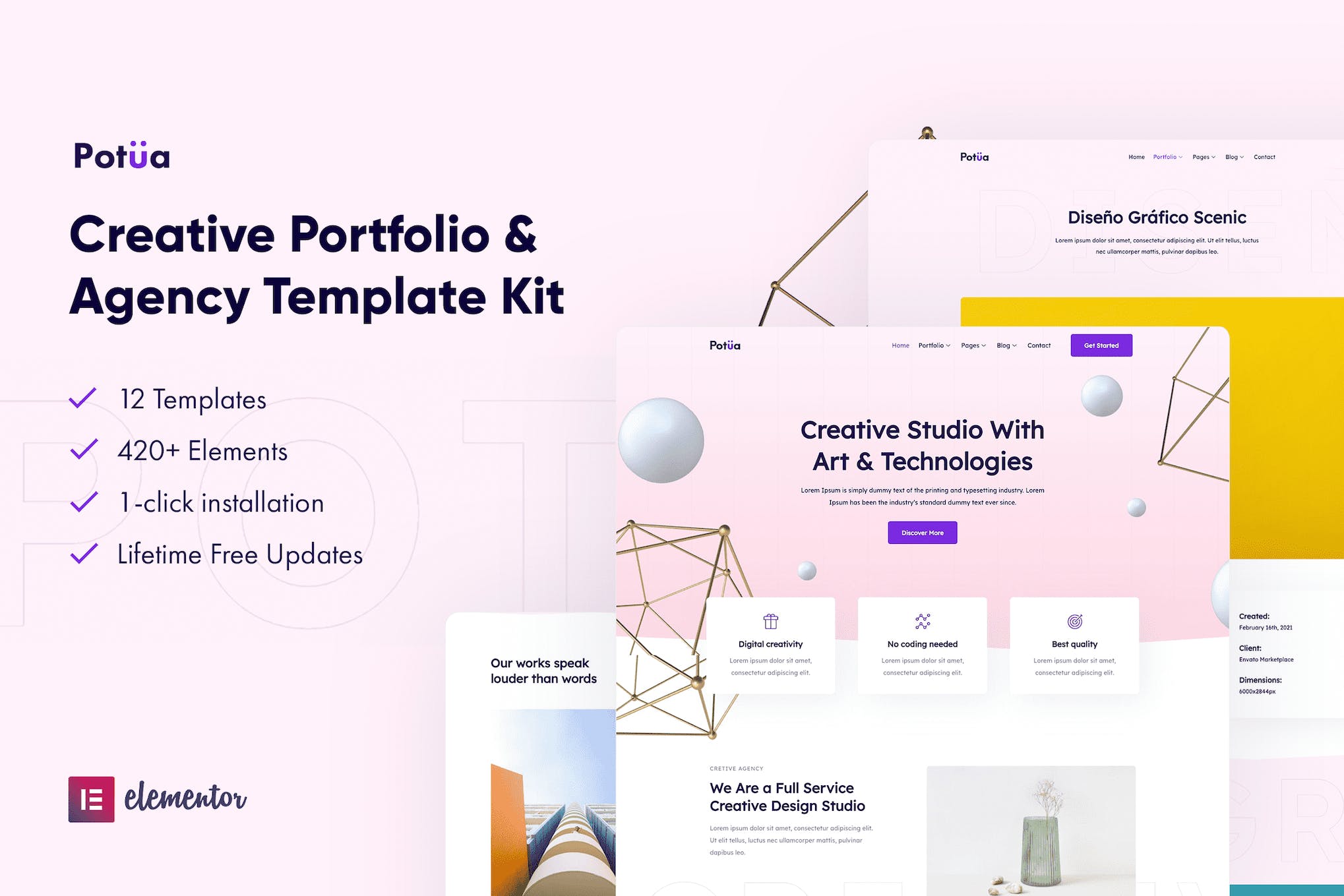Potua - Creative Portfolio & Agency Elementor Template Kit template kit cover image