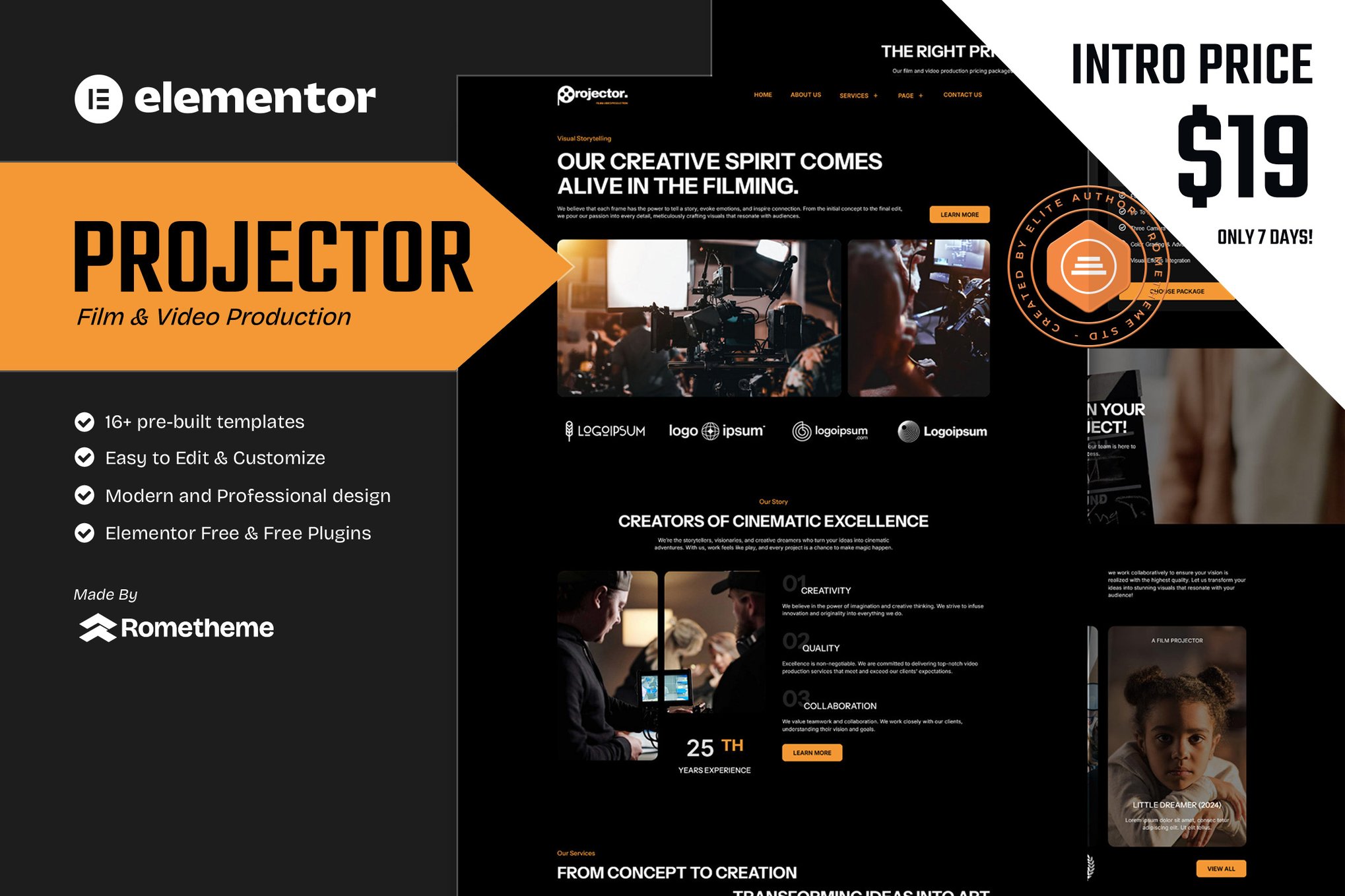 Projector - Film & Video Production Elementor Template Kit template kit cover image