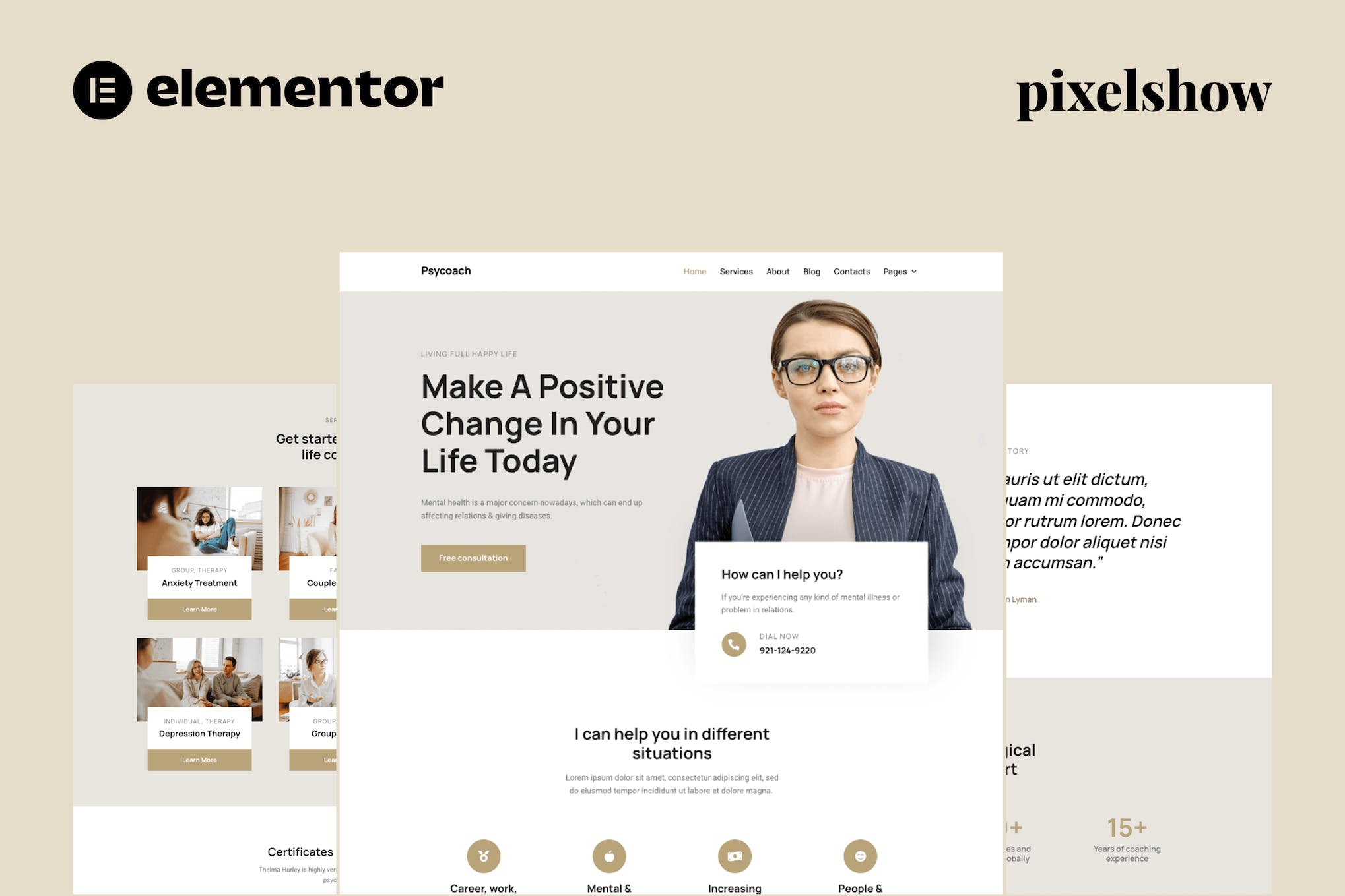 Psycoach - Life Coach & Psychologist Elementor Pro Full Site Kit template kit cover image