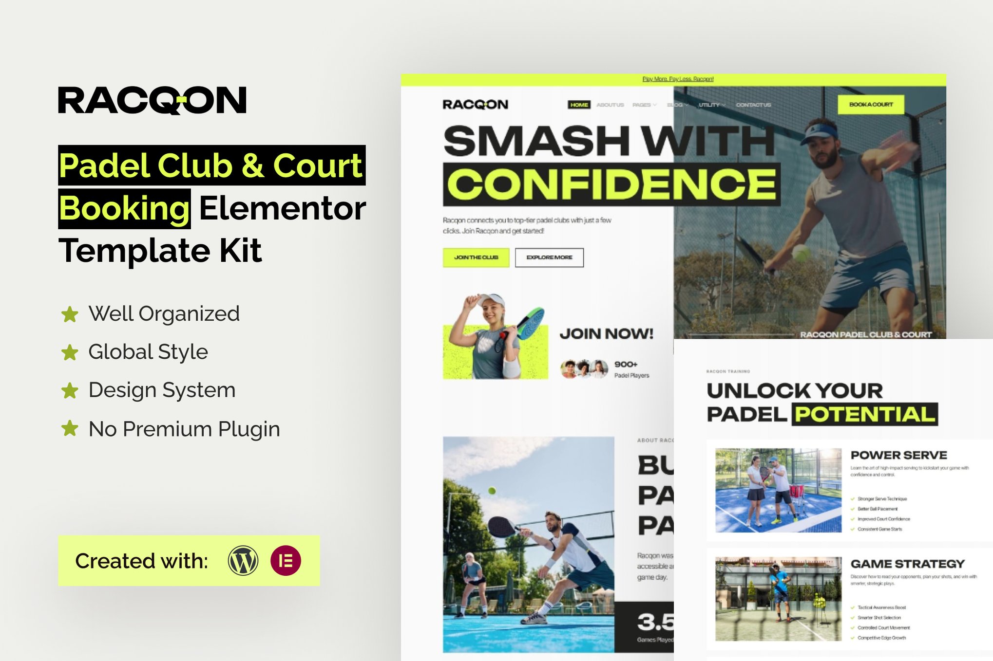 Racqon - Padel Club & Court Booking Elementor Template Kit template kit cover image