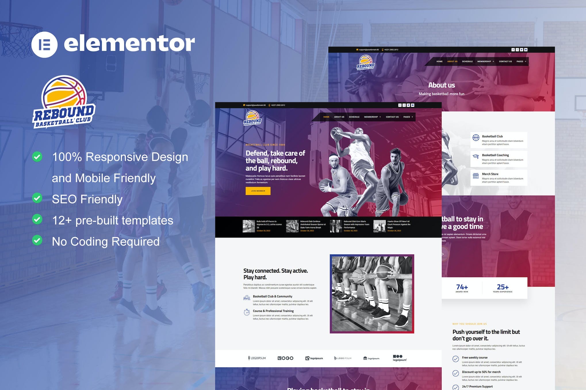 Rebound - Basketball Team & Sport Club Elementor Template Kit template kit cover image