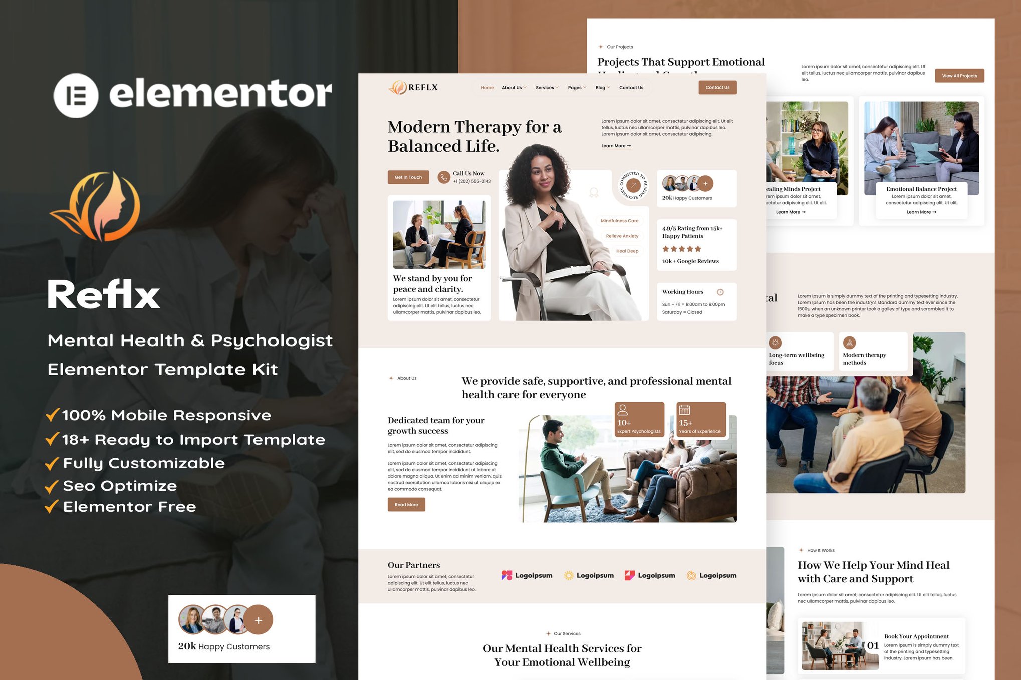 Reflx - Mental Health & Psychologist Elementor Template Kit template kit cover image