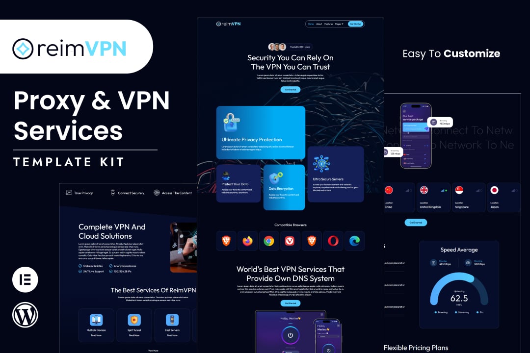 Reimvpn - Proxy & VPN Services Elementor Template Kit template kit cover image