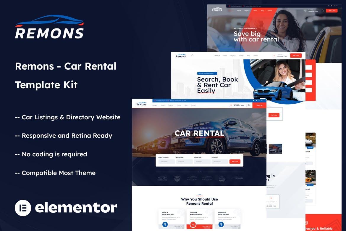 Remons - Car Rental Elementor Template Kit template kit cover image