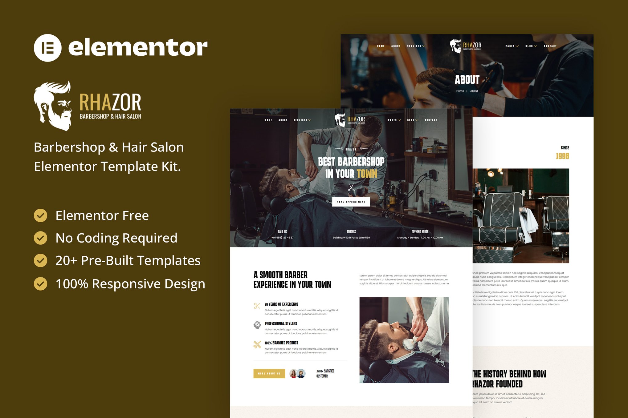 Rhazor - Barbershop & Hair Salon Elementor Template Kit template kit cover image