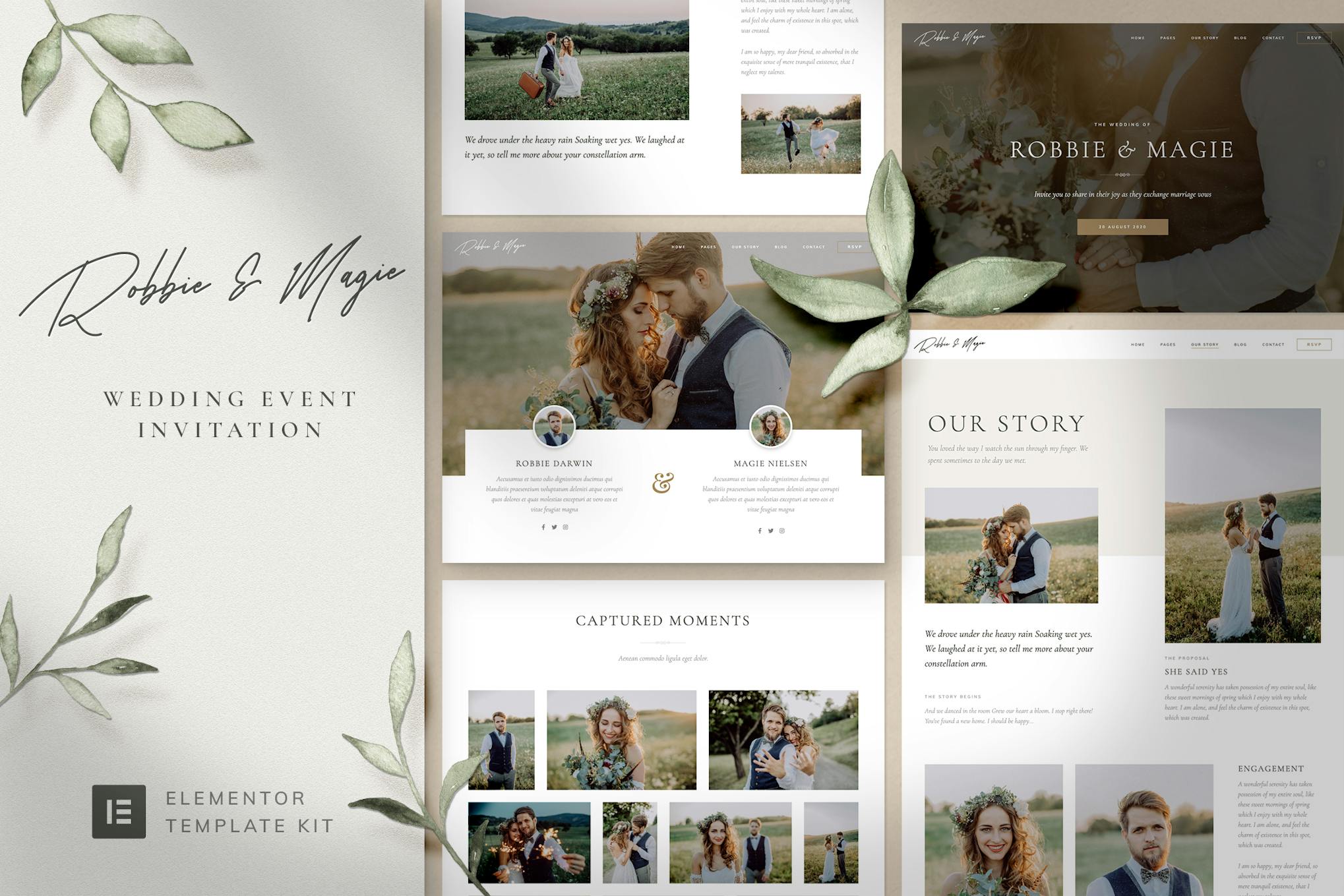 Robbie & Magie – Wedding Event Invitation Elementor Template Kit template kit cover image