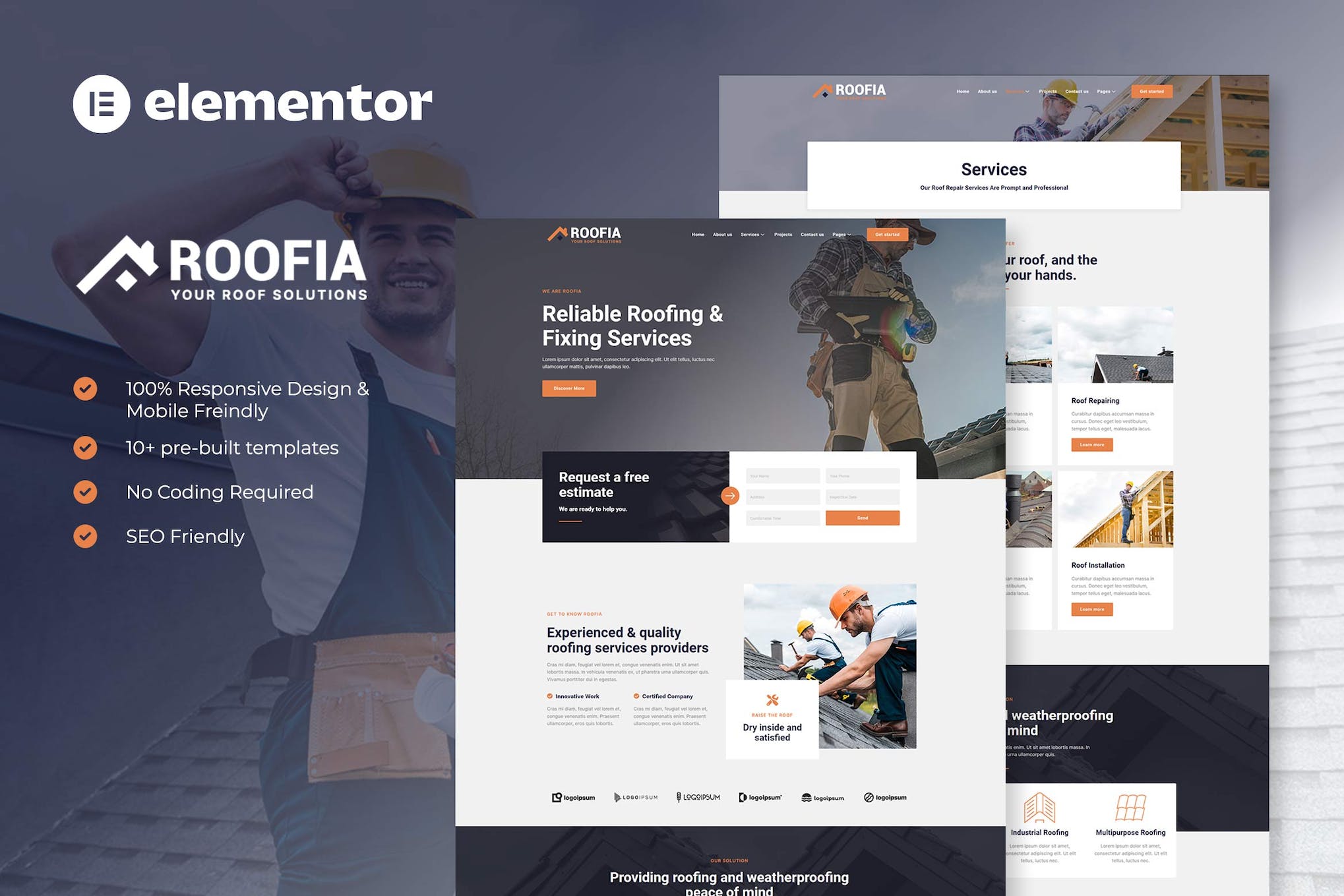 Roofia - Roofing Services Elementor Template Kit template kit cover image